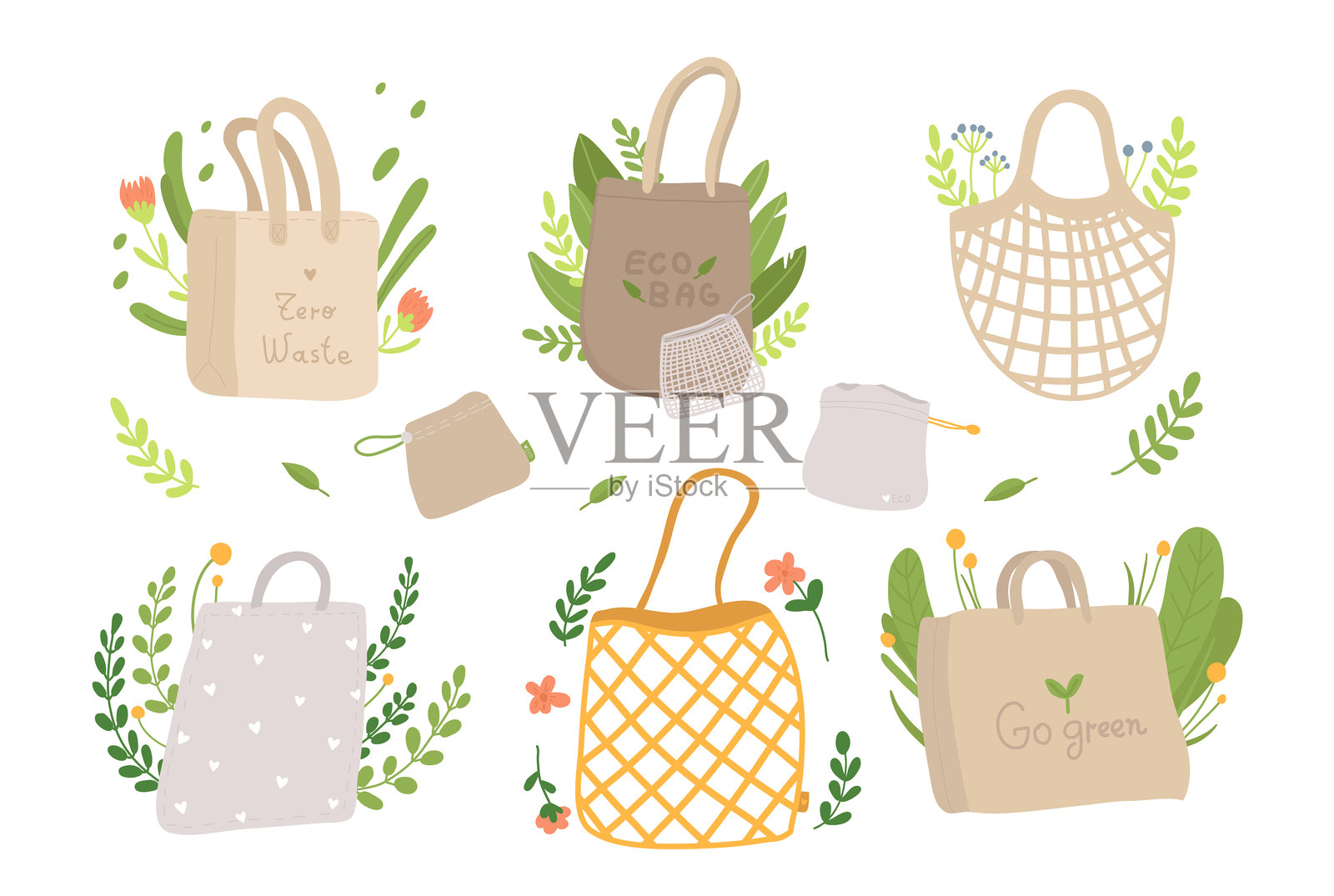 编织网格和棉质环保购物袋，零浪费配件可供购买插画图片素材