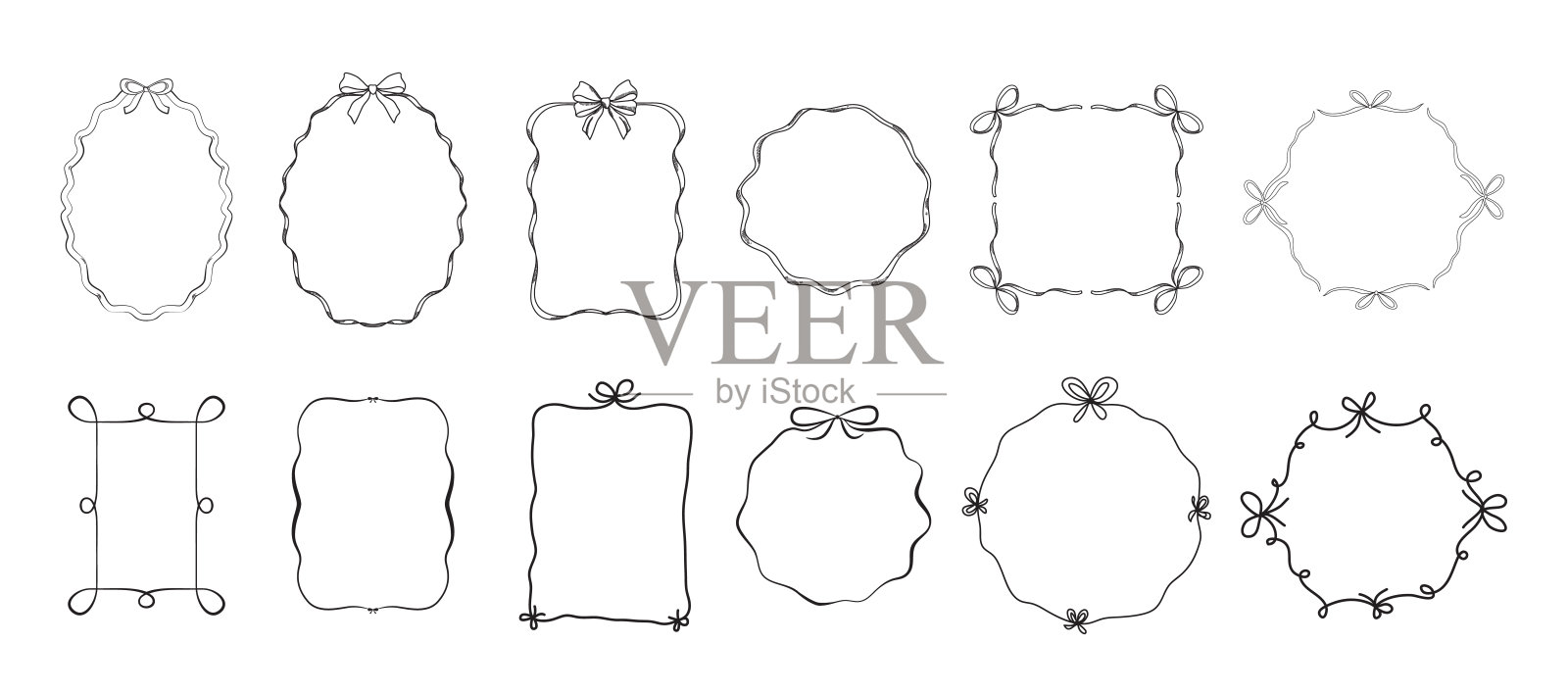 手绘线条极简风格的装饰框，带有蝴蝶结、弯曲的丝带和波浪线的独立组合插画图片素材