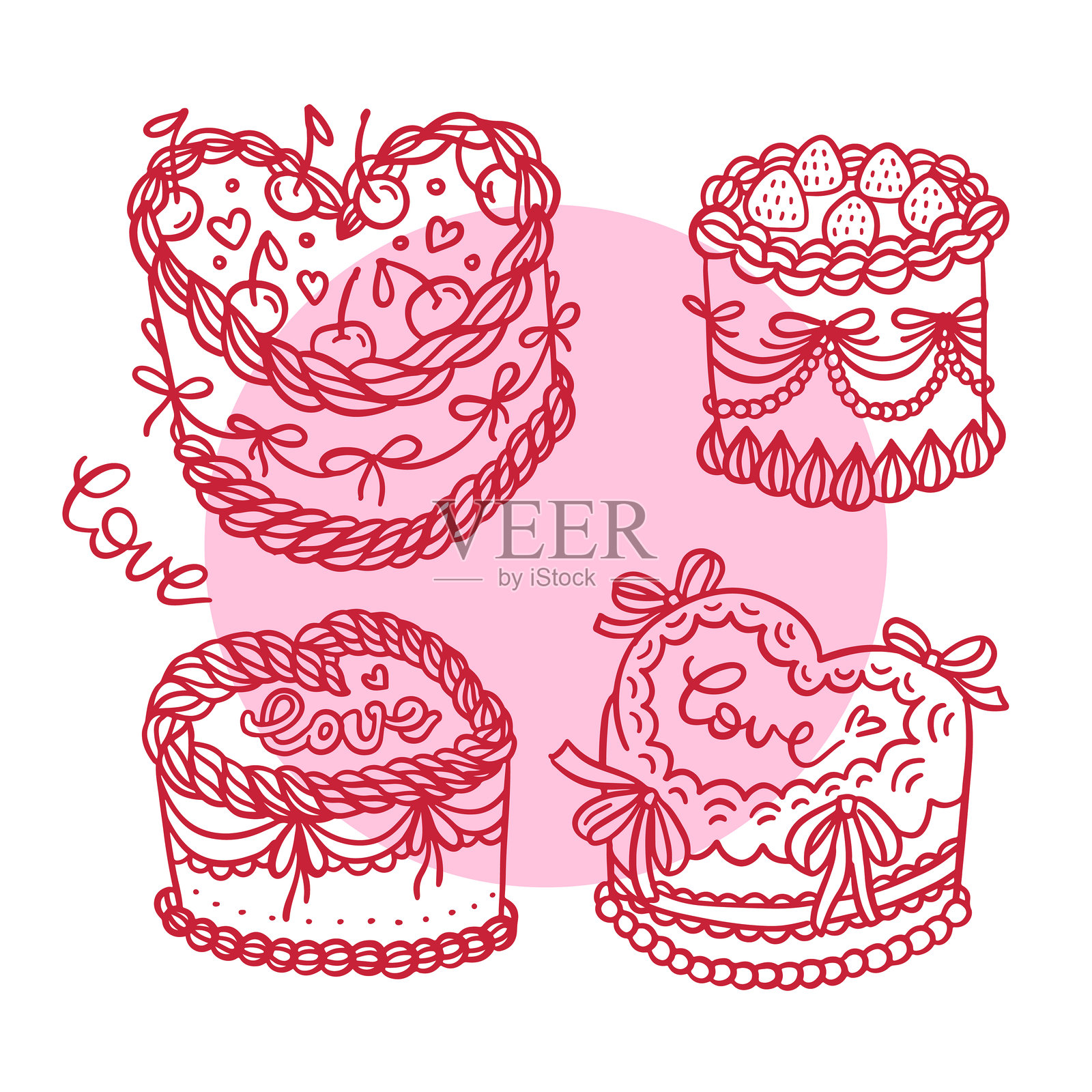 一组心形蛋糕，上面装饰着樱桃和蝴蝶结。可爱的手绘涂鸦矢量插图。插画图片素材