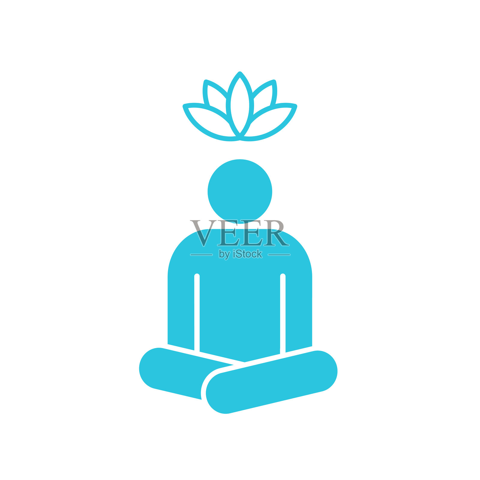 宁静的精神图标，冥想的人物与莲花，白色背景。蓝色图标集。插画图片素材