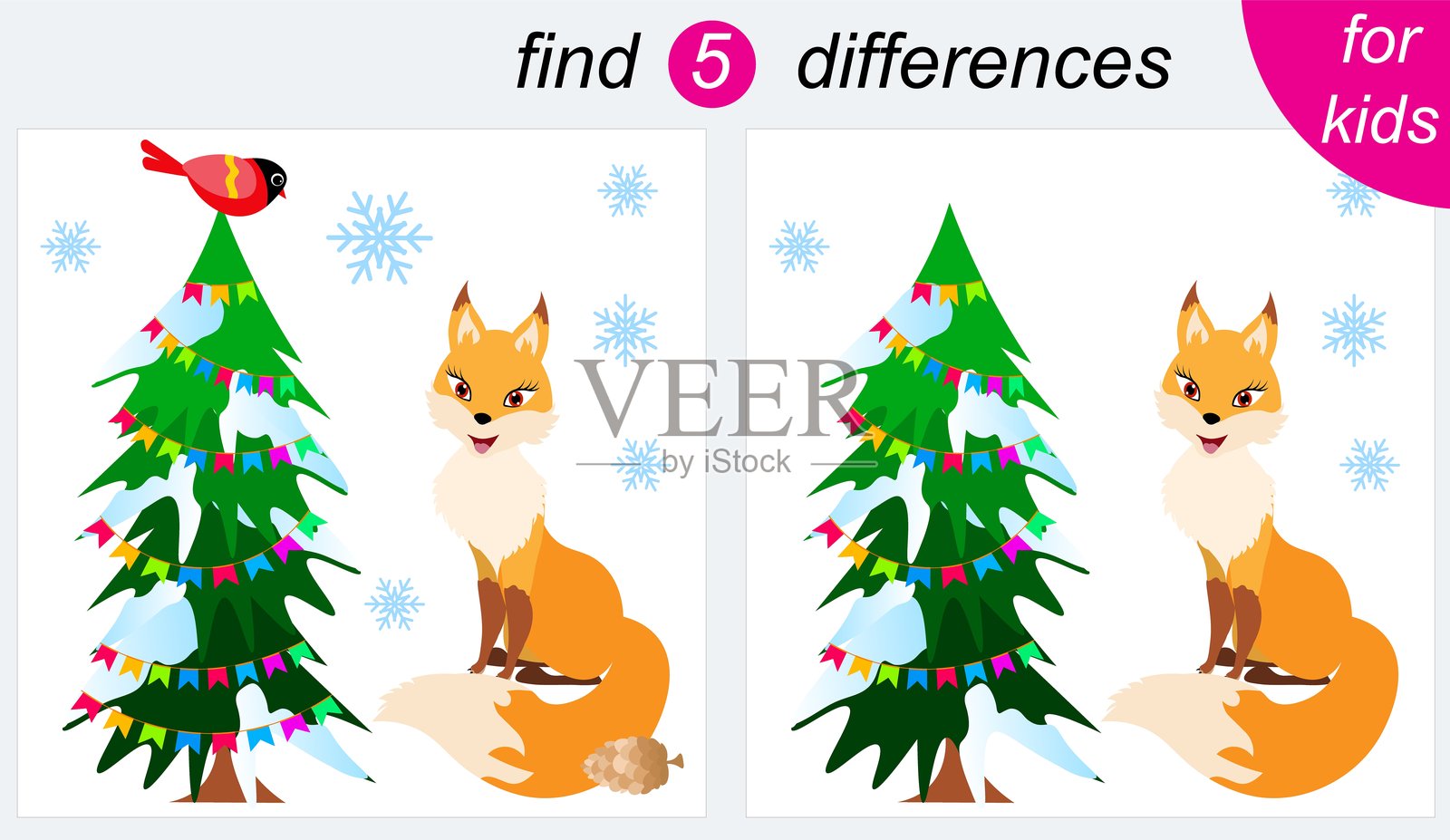 儿童逻辑谜题游戏。你需要找出5处不同之处。圣诞节。狐狸坐在装饰好的圣诞树旁。插画图片素材