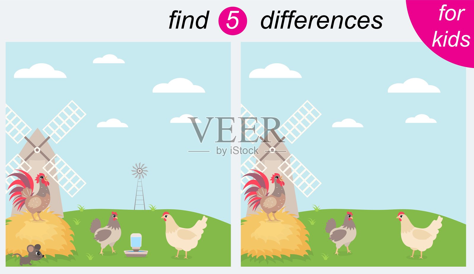 儿童逻辑谜题游戏。你需要找出5处不同之处。农场。公鸡、母鸡和一座磨坊。插画图片素材