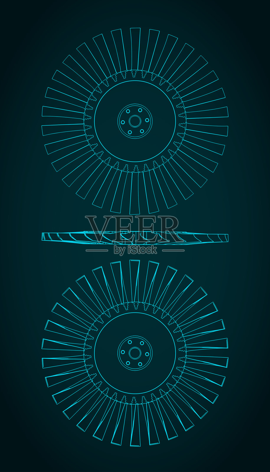 压缩机叶盘和涡轮叶片蓝图插图插画图片素材