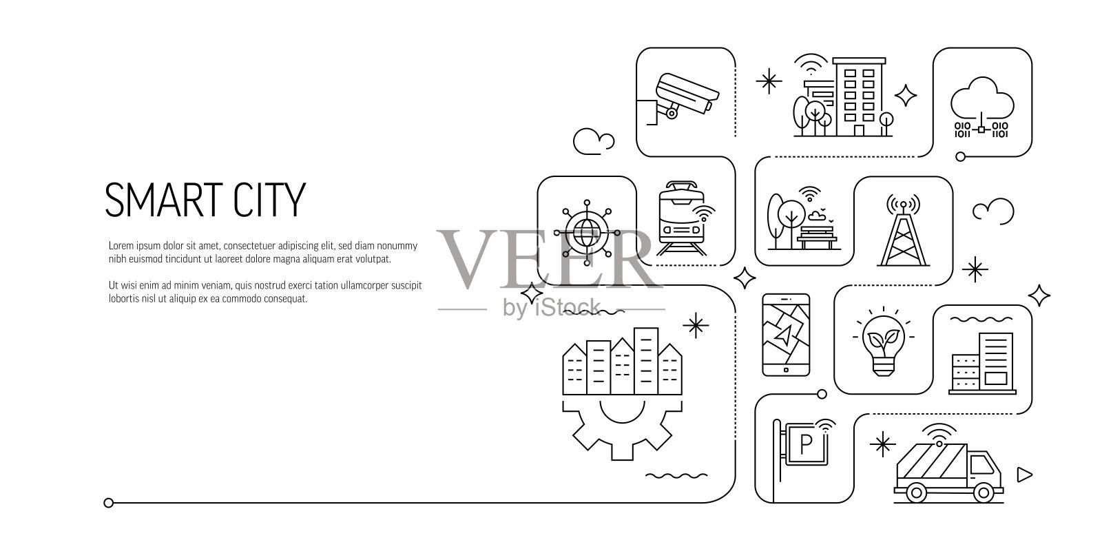 智能城市线条图标集。技术、物联网、传感器、自动驾驶汽车、云技术。插画图片素材