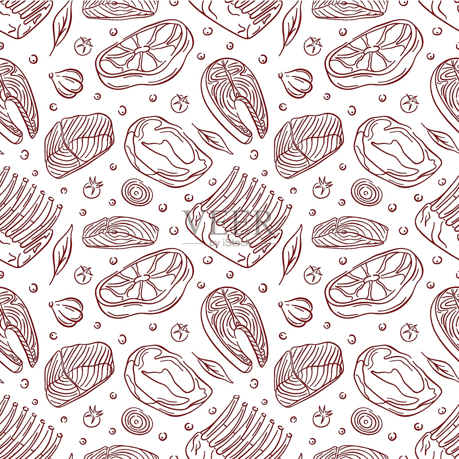 无缝图案，包含线条艺术风格的肉类切割、鱼排、蔬菜和香草。非常适合食品设计、餐厅菜单和烹饪项目。插画图片素材