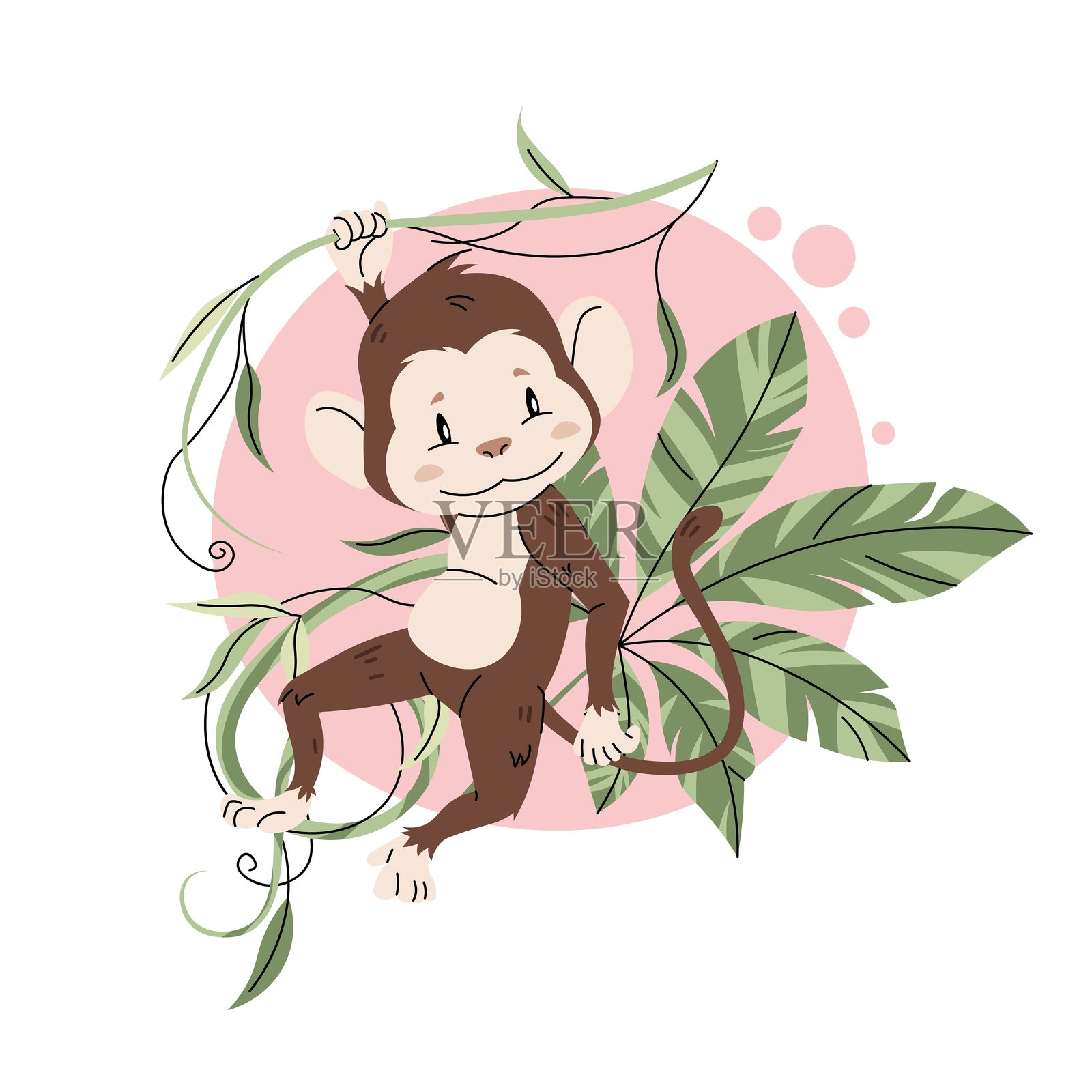 可爱的猴子挂在藤蔓上，背景为白色。这是一幅非洲动物的矢量插图，适合儿童卡片、贴纸、印刷品等。插画图片素材