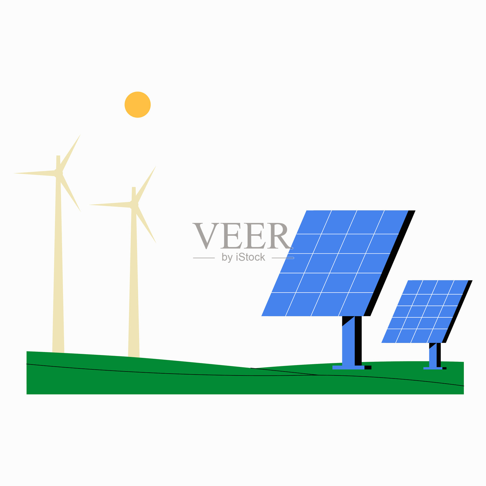 绿色能源景观中的太阳能电池板和风力涡轮机，平面矢量插图象征可再生能源、可持续性和环保电力，背景为白色。插画图片素材