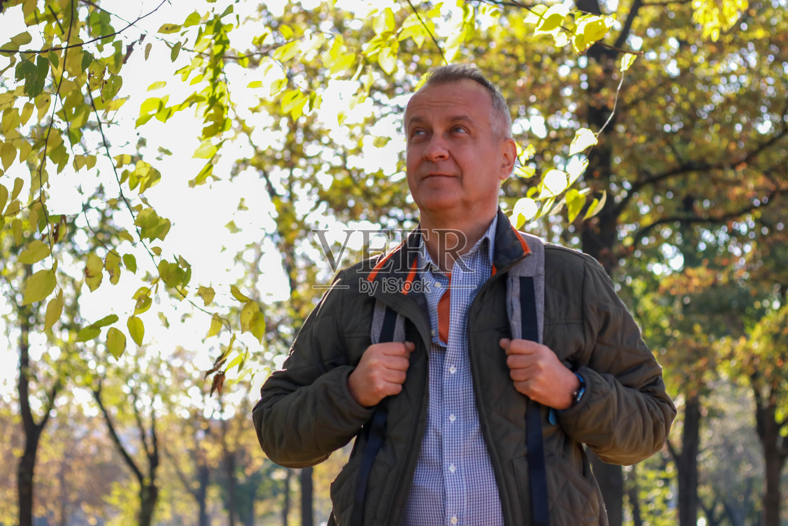 资深商人在徒步旅行中在线工作照片摄影图片