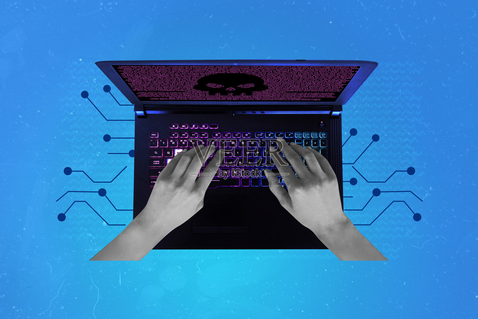 趋势艺术作品合成素描图像 3D 照片拼贴，黑客双手试图攻击笔记本电脑软件系统以寻找密码和个人数据照片摄影图片
