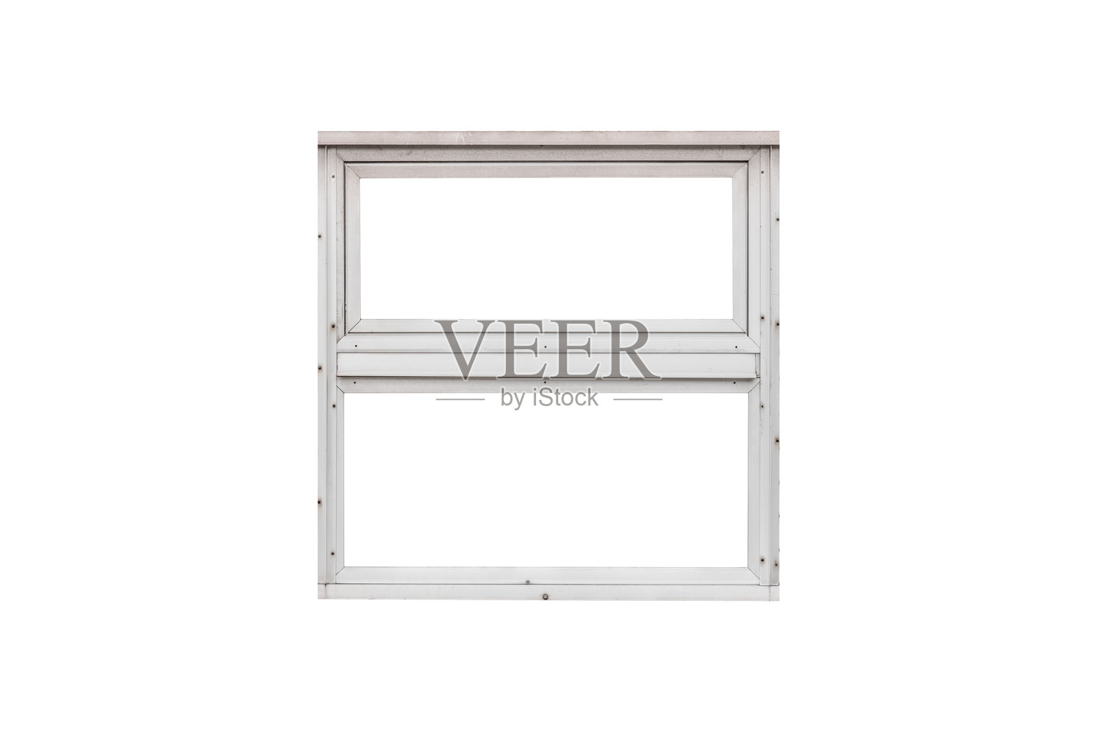 一个现代的垂直滑动窗户，配有干净的金属框架，独立展示。照片摄影图片