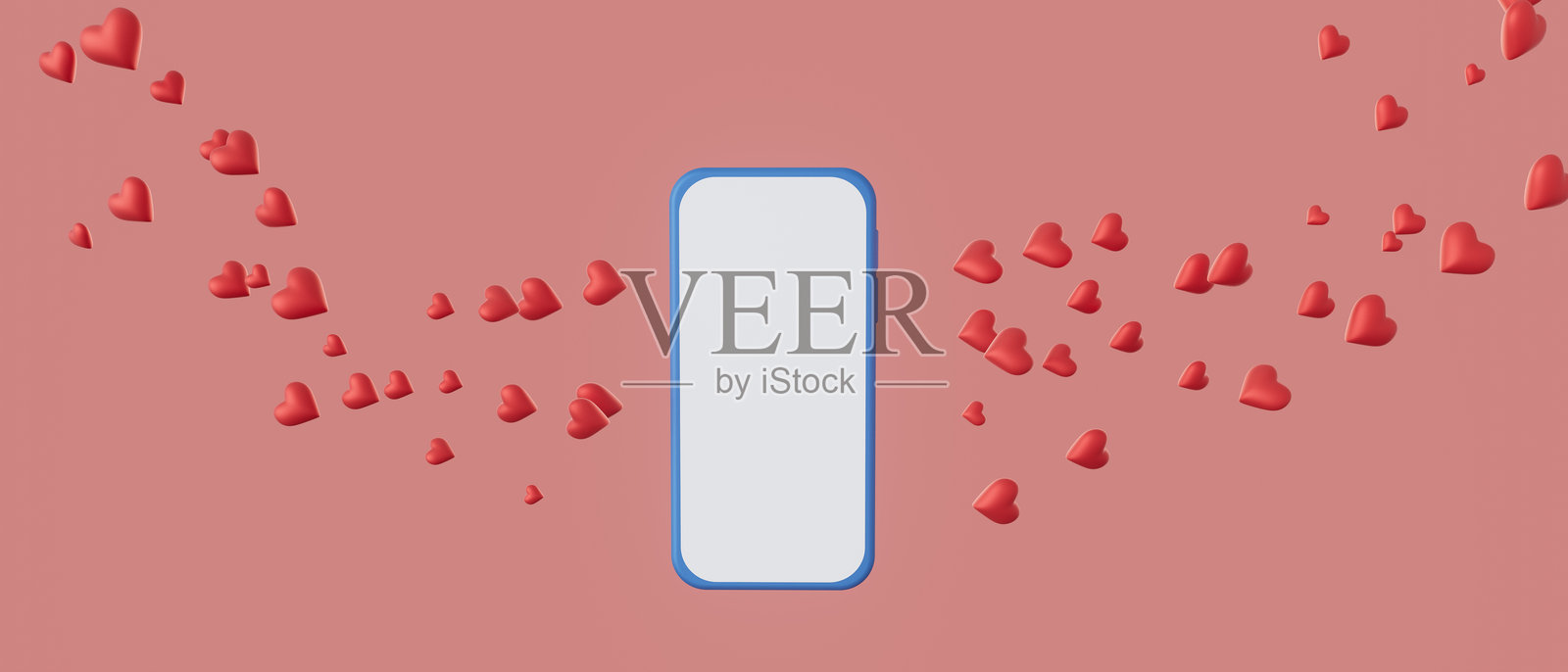 一部白色手机被大量红色心形图案包围。照片摄影图片