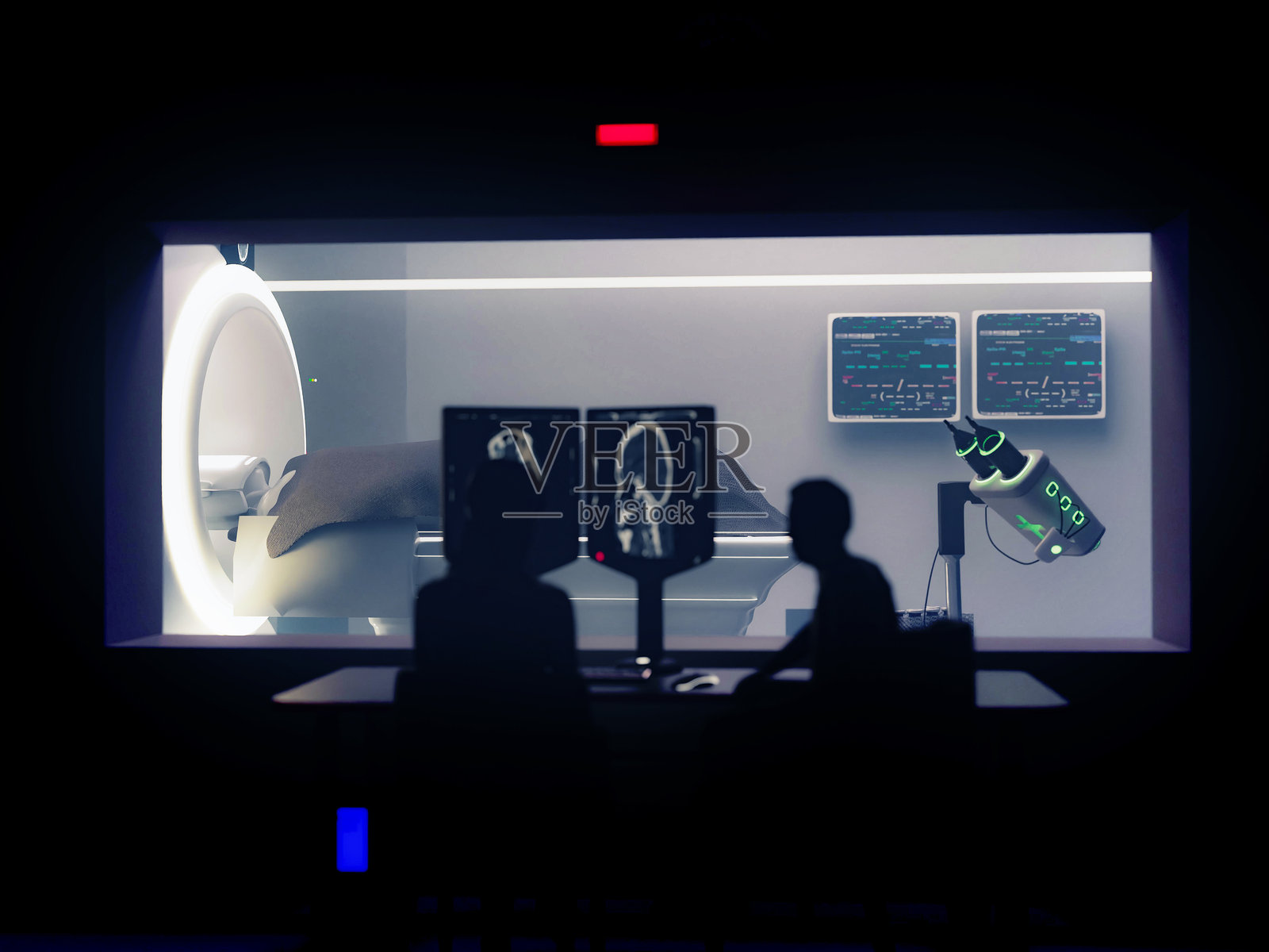 3D渲染展示了一个未来派的MRI扫描室。照片摄影图片