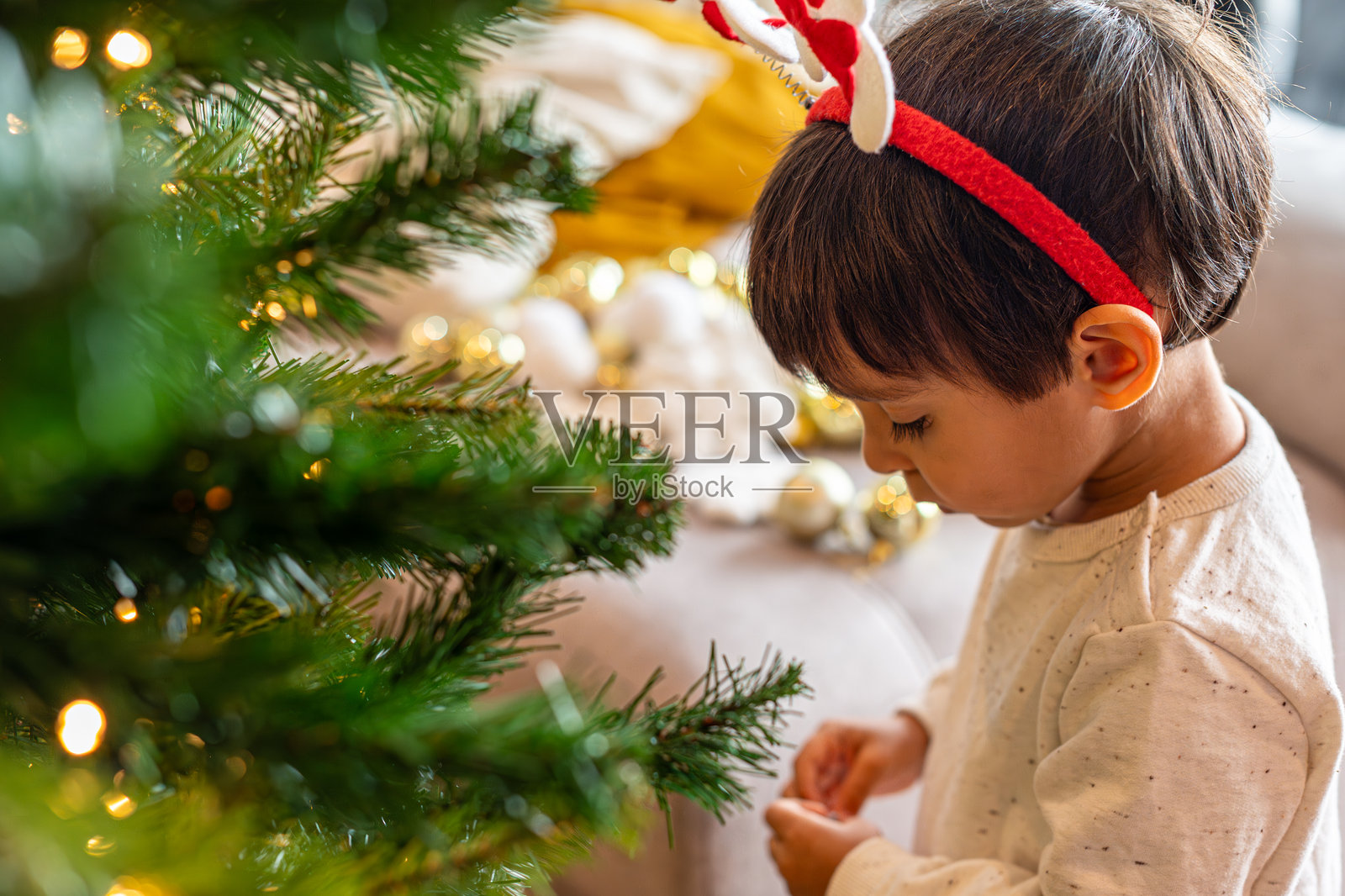 一个小男孩站在圣诞树前照片摄影图片