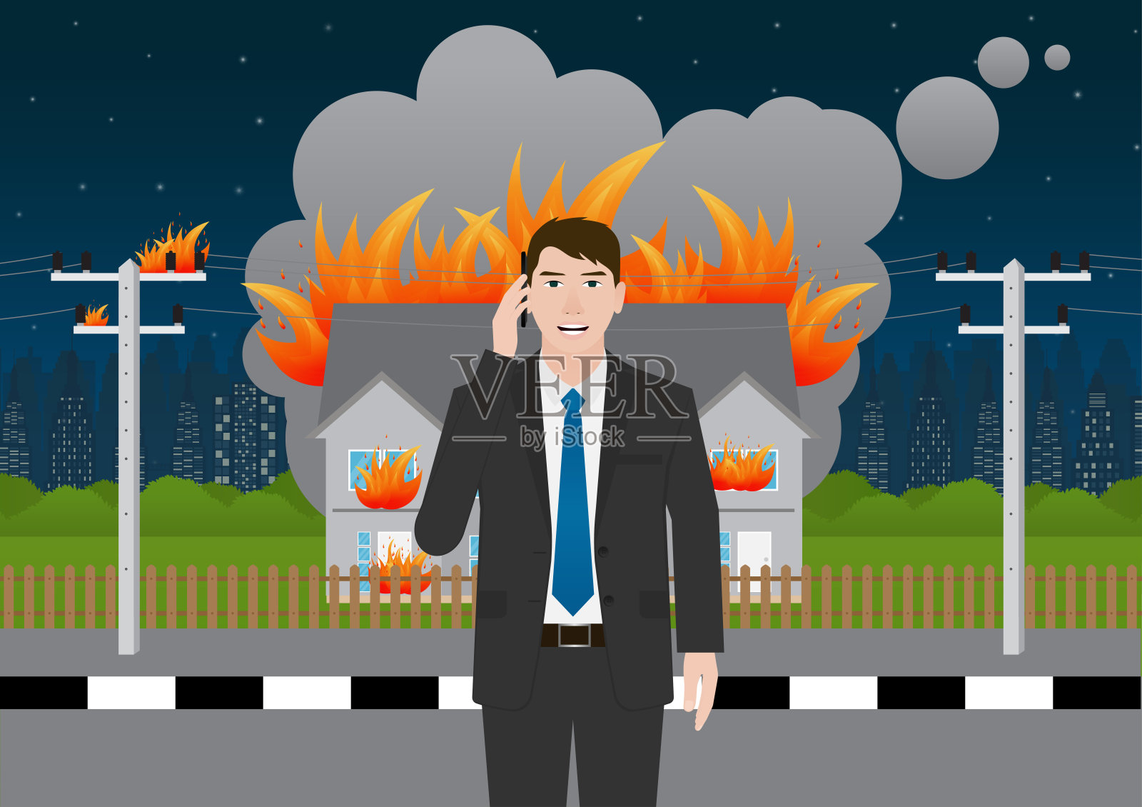 男子拨打紧急电话911，报告着火的房屋和建筑物。插画图片素材