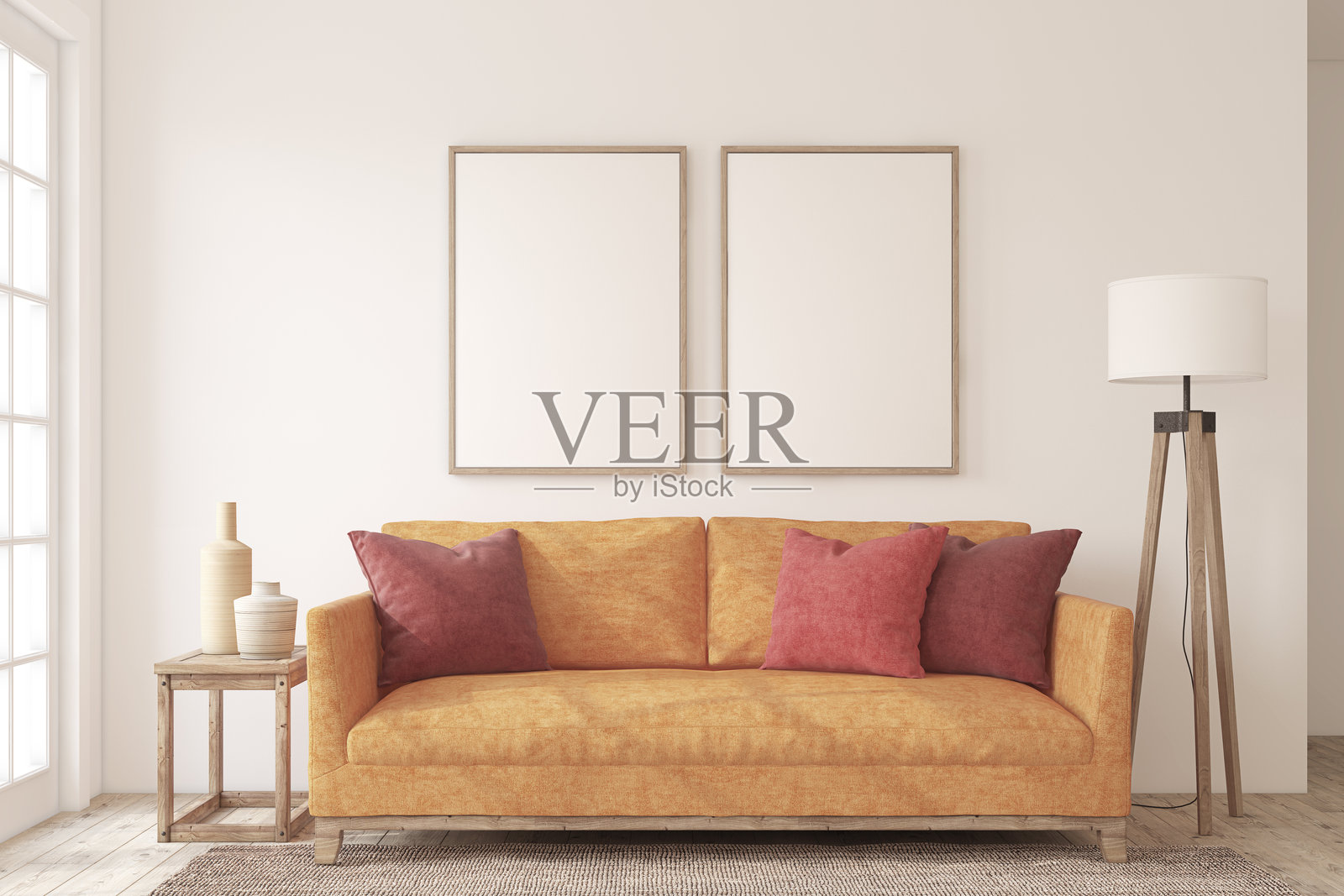 美丽的客厅室内设计，配有明亮的橙色沙发。3D渲染。照片摄影图片