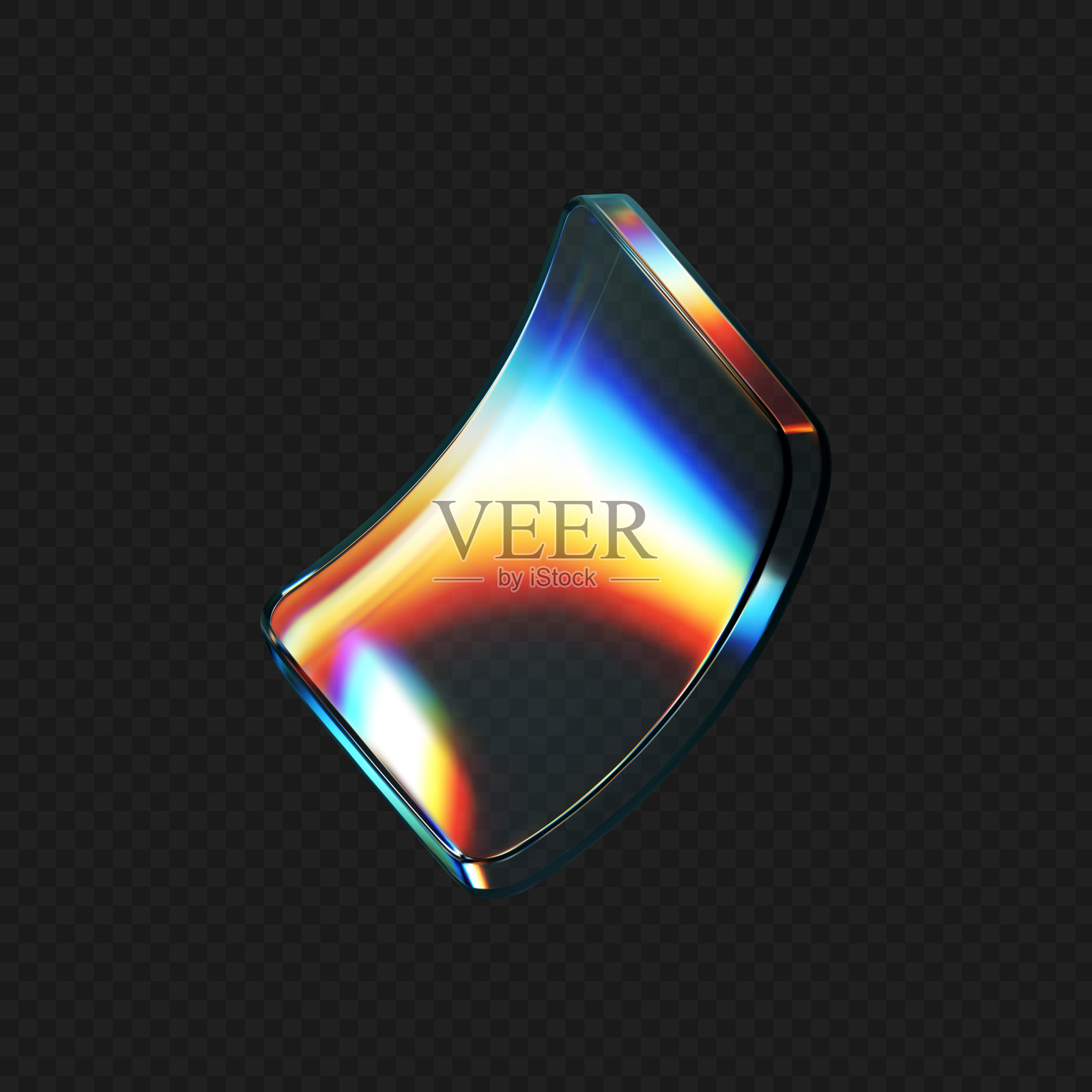 带有彩虹反射光的3D变形玻璃水晶液体形状，孤立在黑色背景上。透明的飞行3D曲线玻璃方形或按钮，带有全息渐变效果。3D矢量图形。插画图片素材