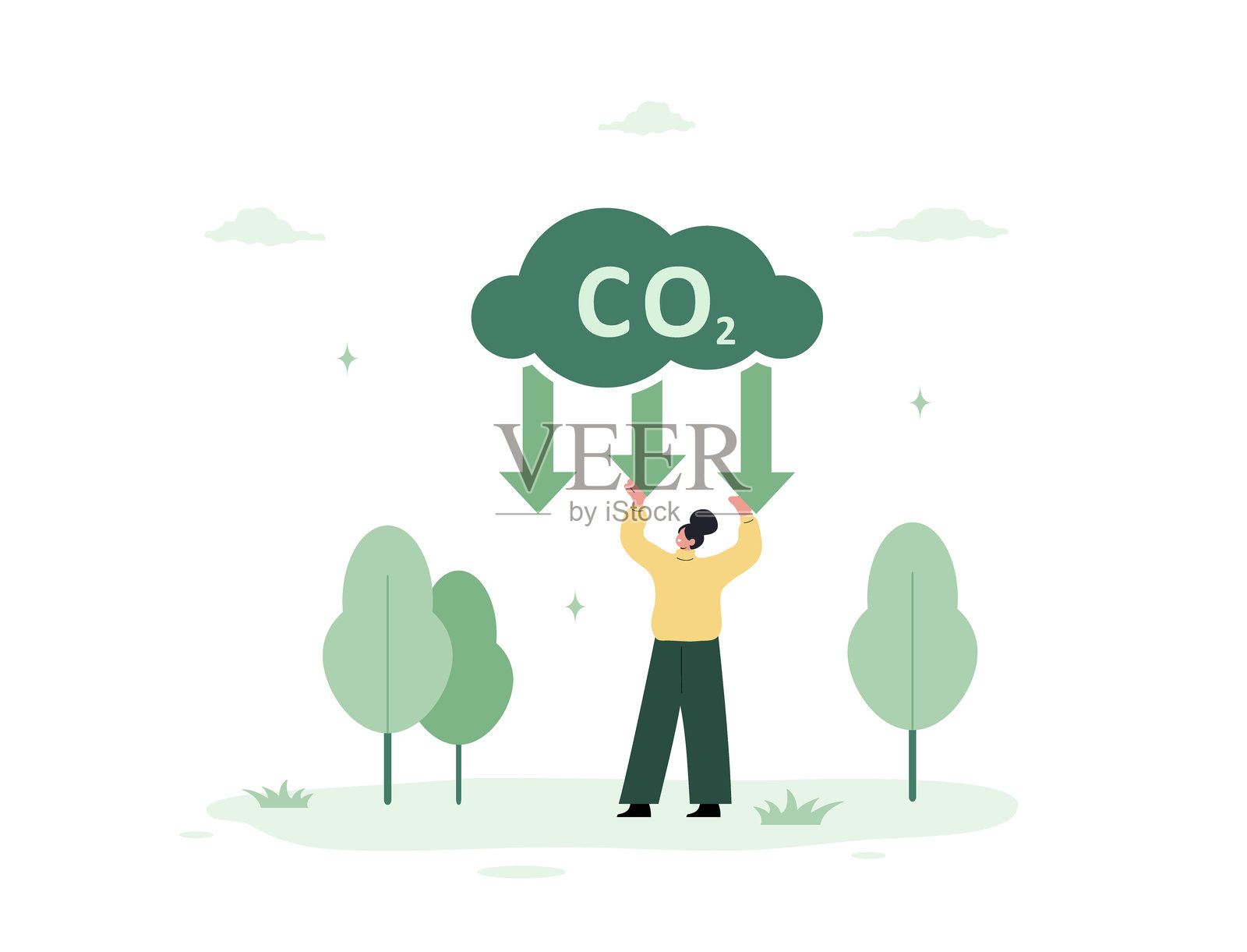 循环经济。二氧化碳中和。净零排放和二氧化碳平衡。气候变化与可持续性。扁平卡通风格的矢量插图。插画图片素材