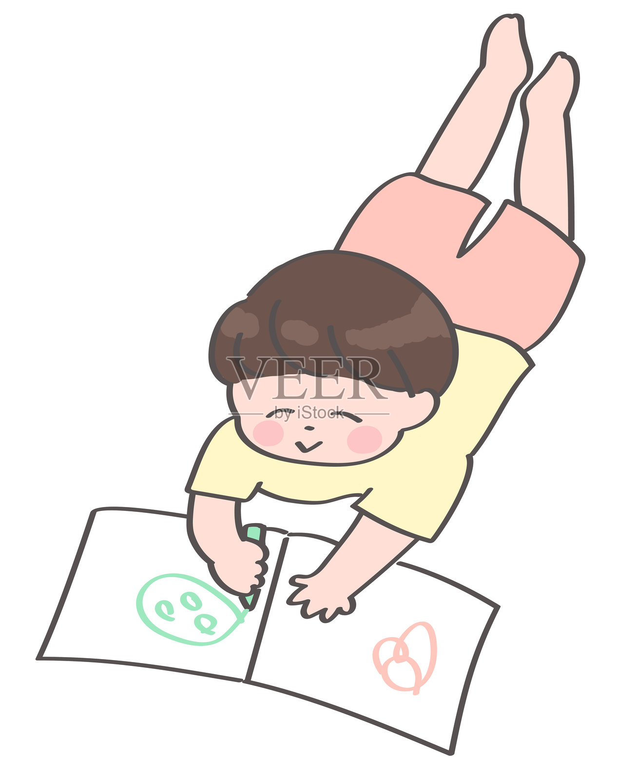 一个小男孩趴着在画册上画画的插图插画图片素材