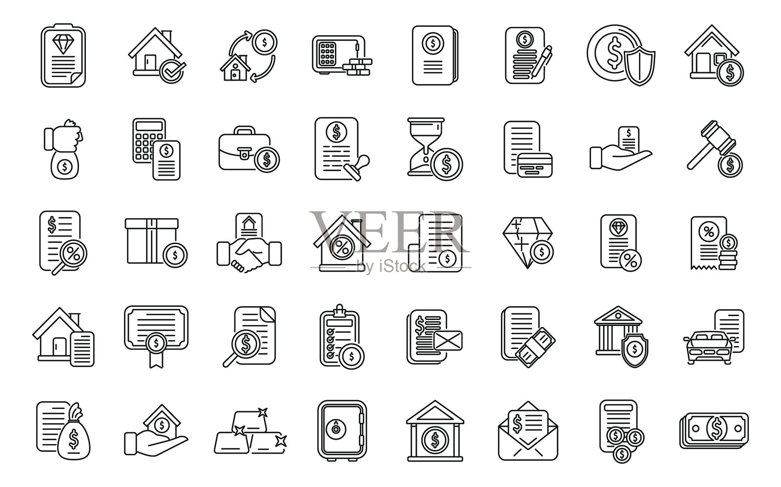 抵押品图标集轮廓矢量图。信用财产插画图片素材