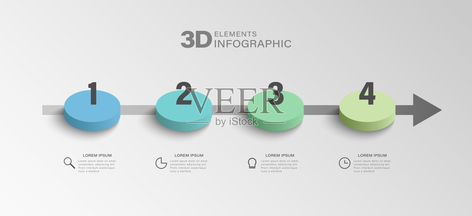 等距信息图模板，包含4个步骤、流程和选项。色彩丰富的3D圆圈、标签和按钮。插画图片素材