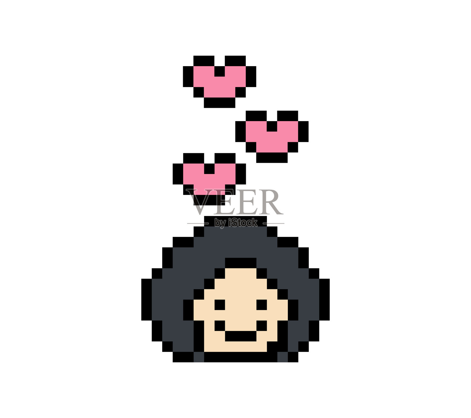 可爱的像素卡通8位角色女性，感受到爱的快乐与幸福，心形情感装饰，8位女性女孩，心情愉快，喜欢的游戏，孤立的矢量图。插画图片素材