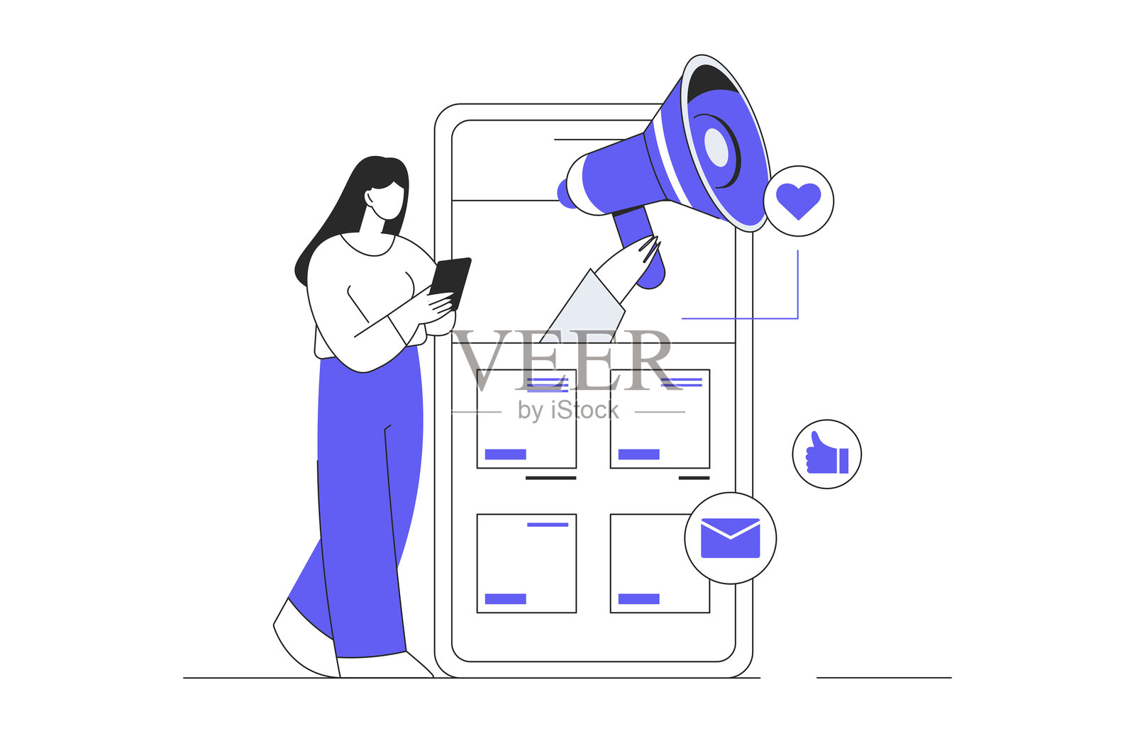 移动营销。推广、广告、社交媒体活动、吸引客户的数字营销。扁平卡通矢量插图，图标。时尚抽象。插画图片素材