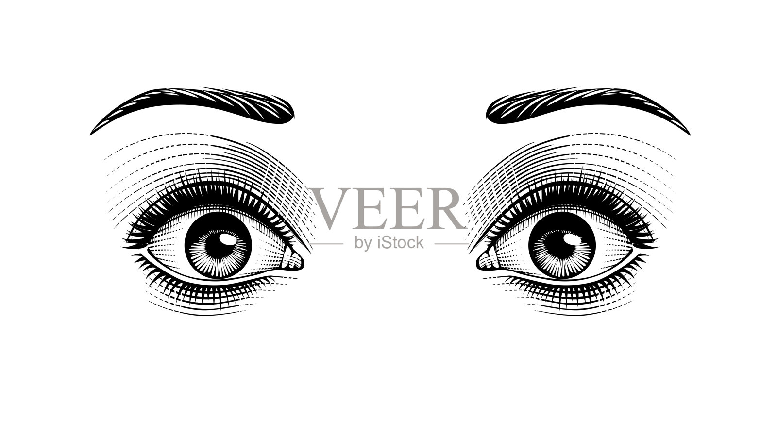 女性的眼睛因恐惧或惊讶而睁得大大的，背景为白色。插画图片素材