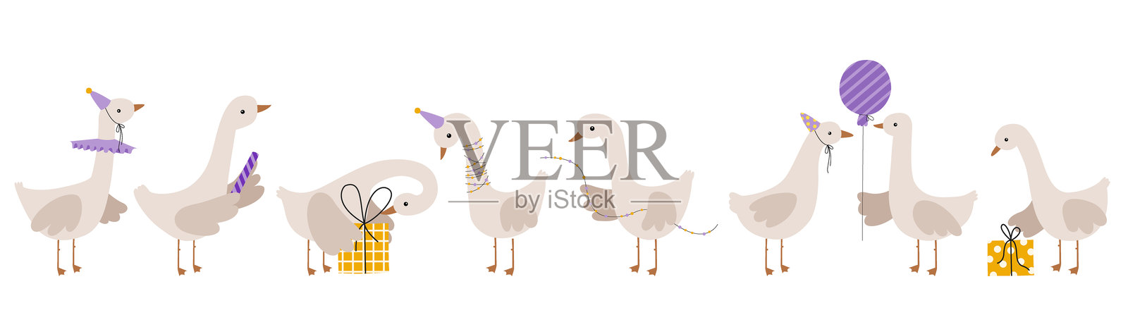 生日鹅矢量手绘插图。鹅庆祝快乐生日。儿童、宝宝、卡通插图。插画图片素材