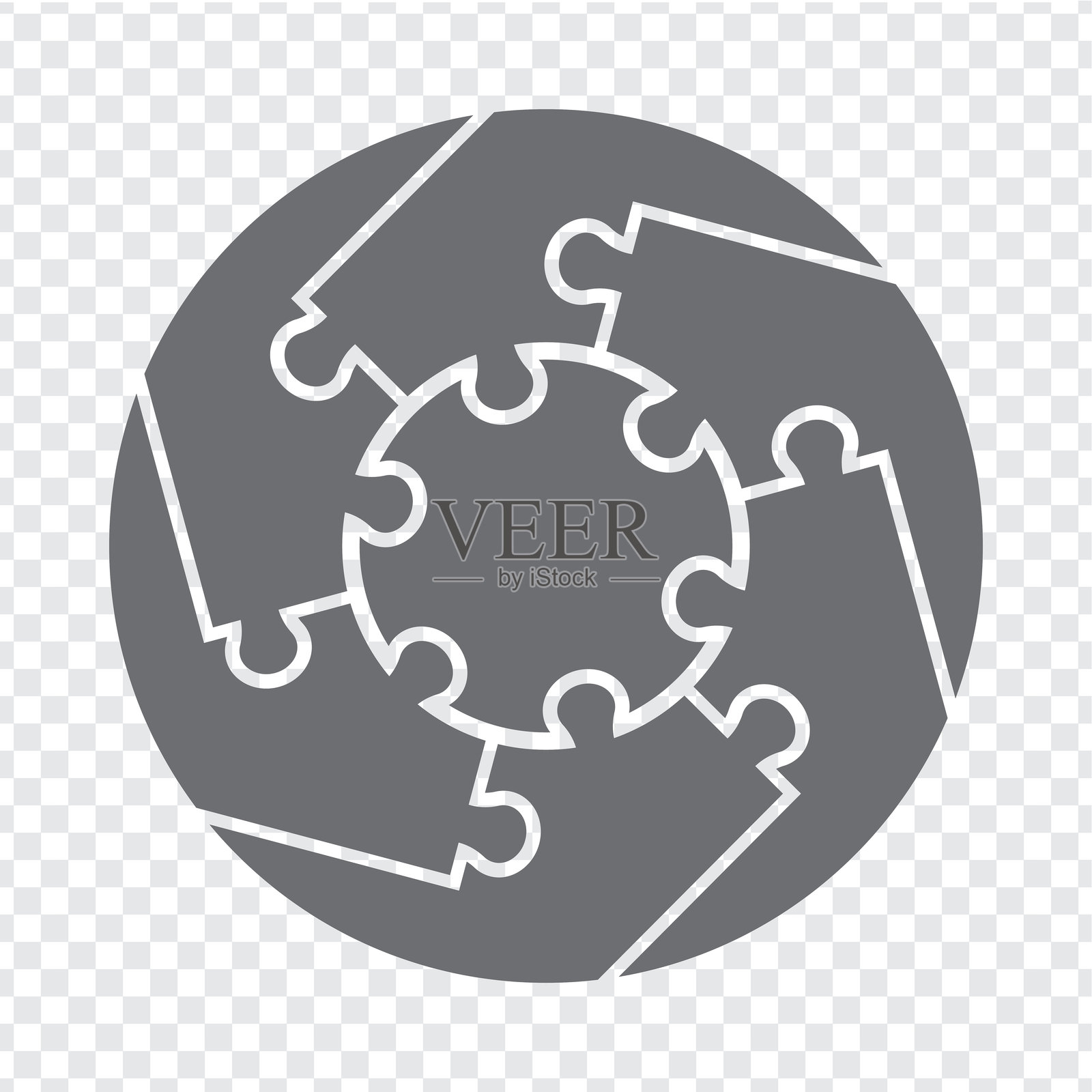 简单的灰色图标拼图。六个元素和中心的简单图标圆形拼图，适用于您的网站设计、应用程序和用户界面。EPS10。插画图片素材