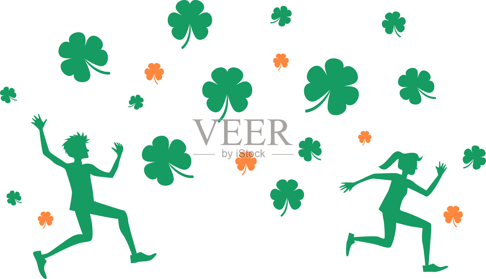 快乐而愉快的年轻人在飞舞的绿色和橙色三叶草叶子中奔跑。圣帕特里克节。带透明背景的矢量插图。插画图片素材