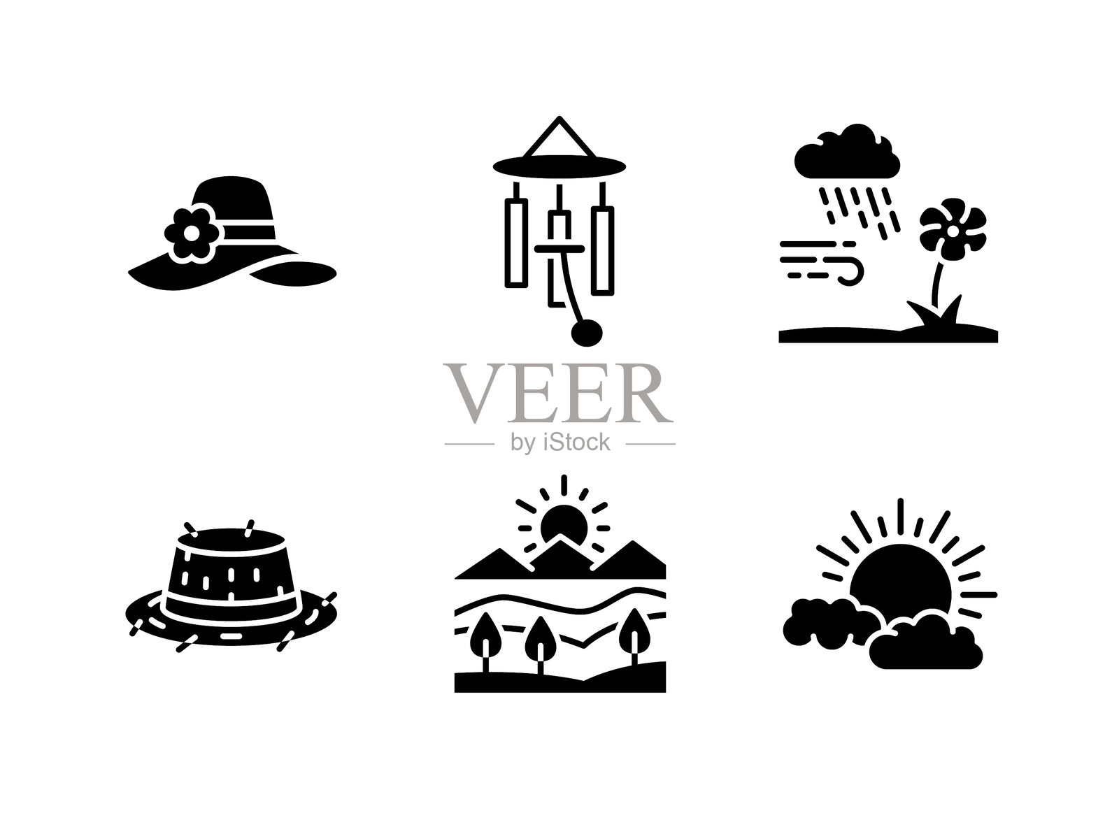 简单的春季相关实心图标集合。包含帽子、风铃、阴雨云等图标。插画图片素材