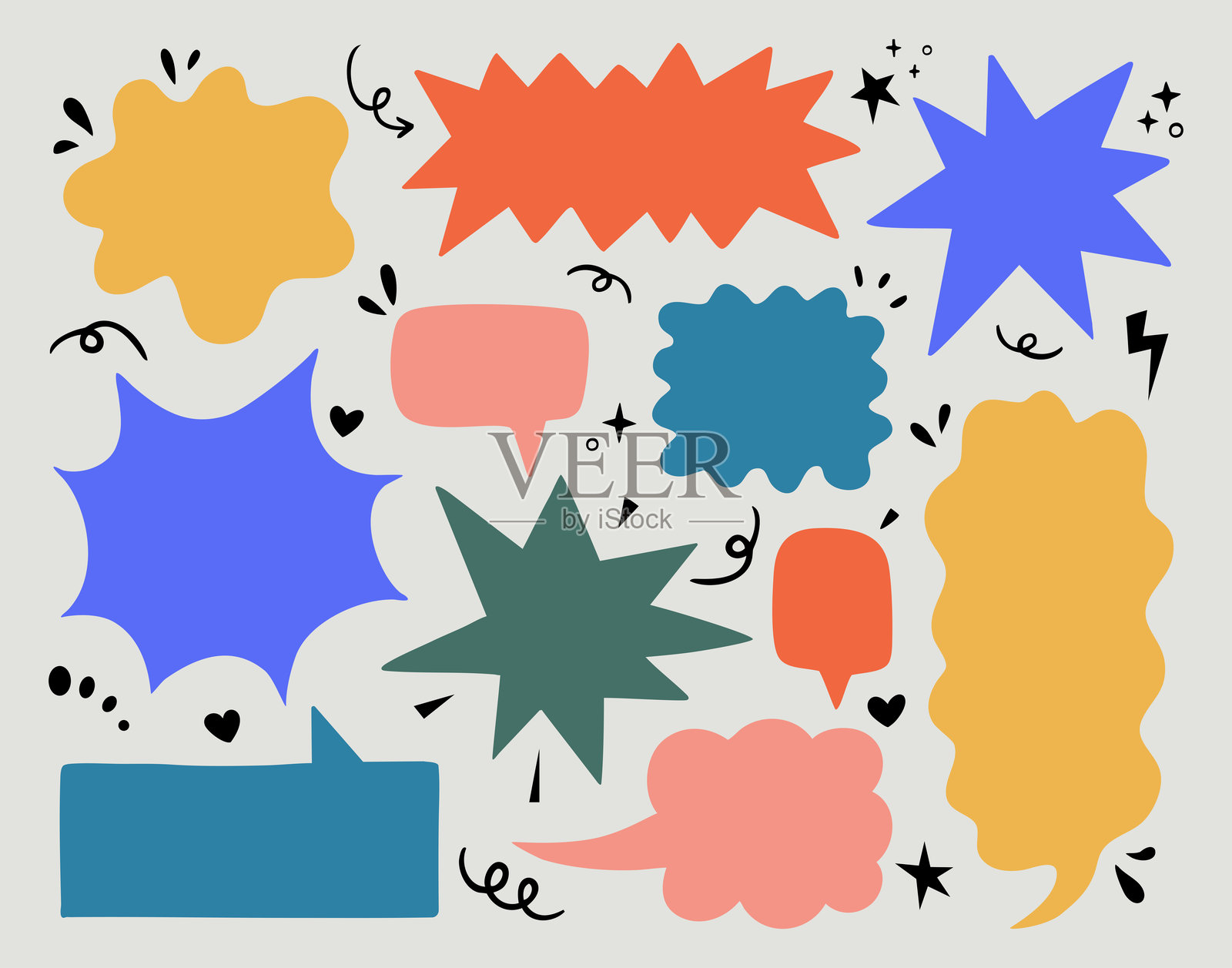 一组色彩丰富的手绘对话气泡、爆炸图形和抽象形状，采用俏皮的漫画风格设计。插画图片素材