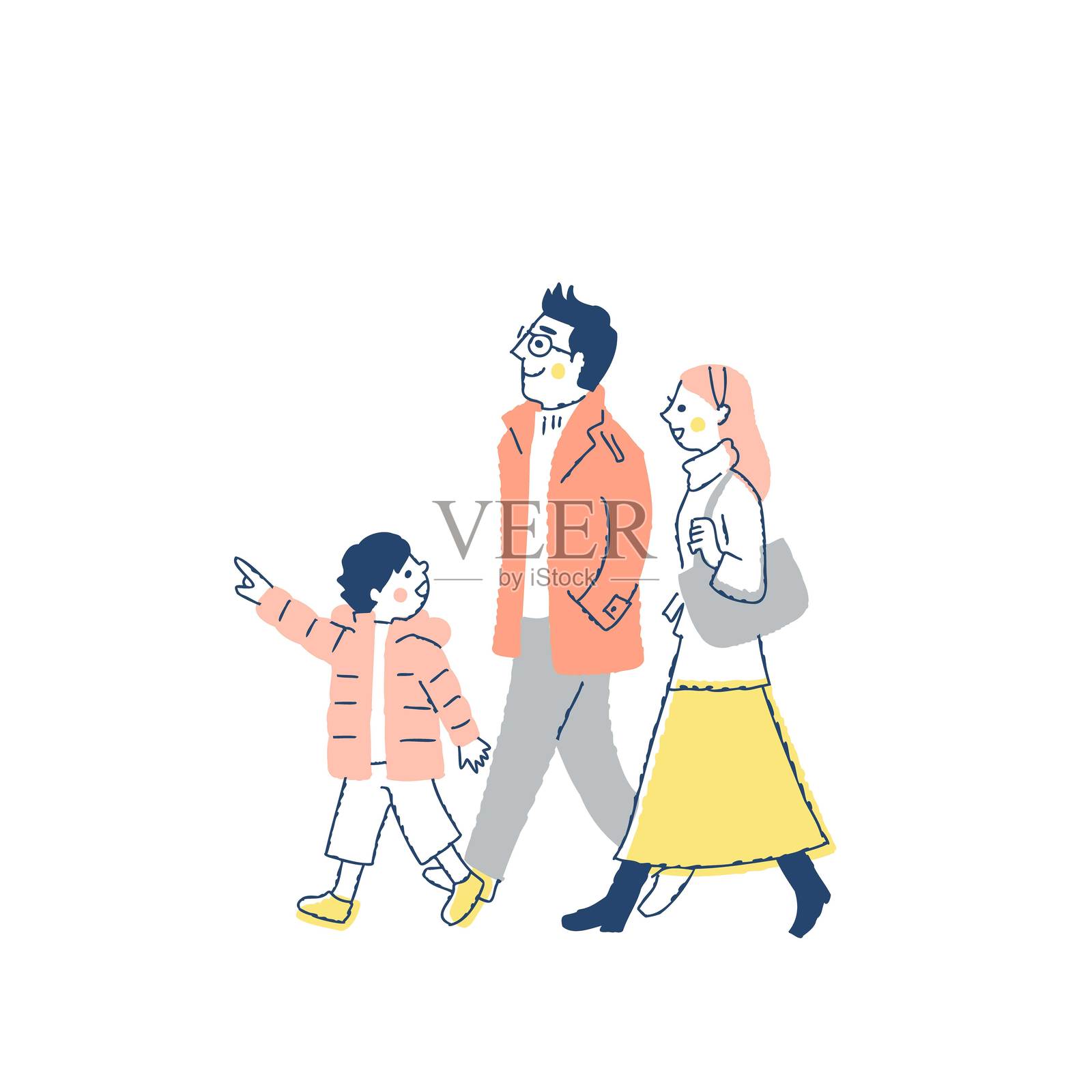 一家三口穿着冬装，面带微笑地散步插画图片素材
