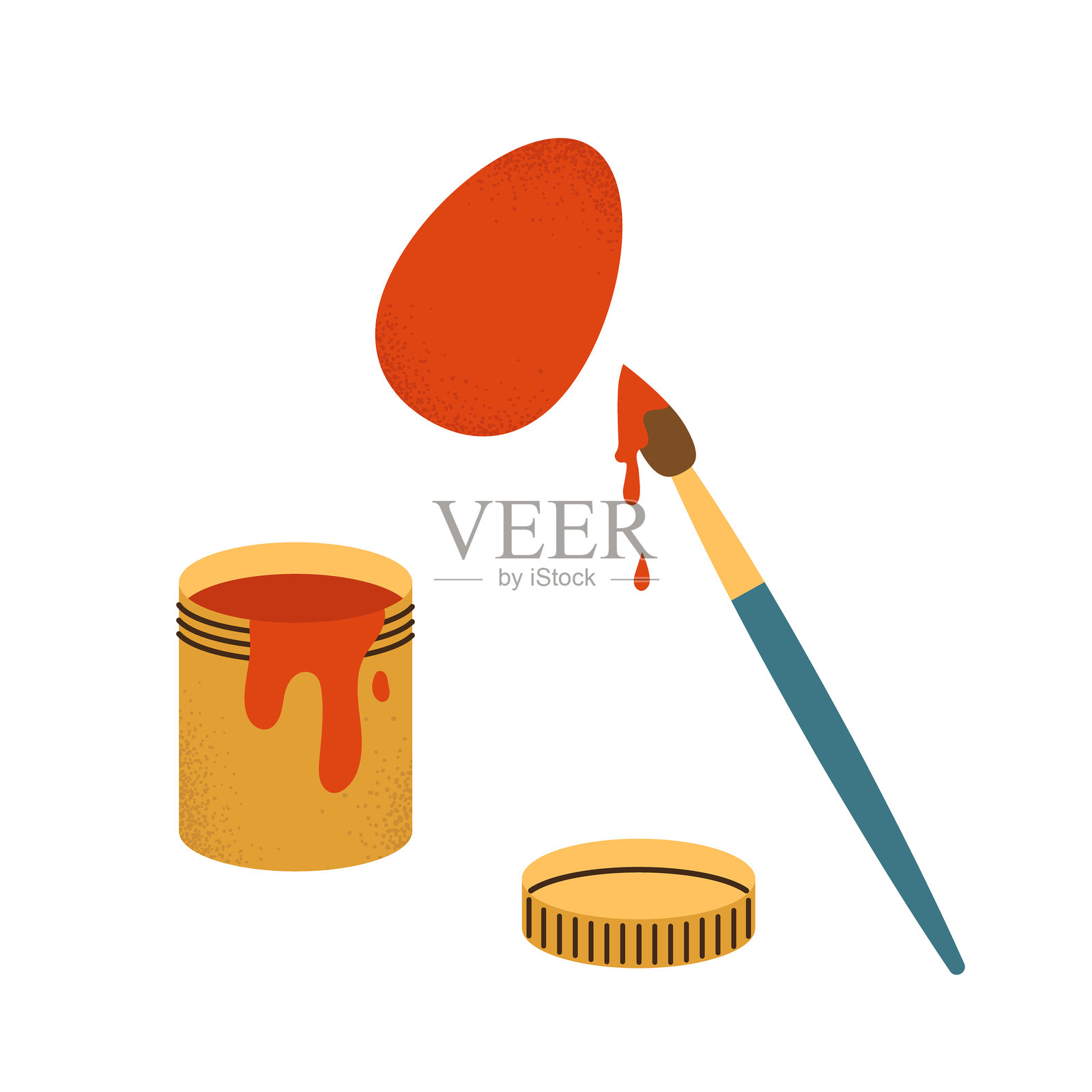 复活节的独立套件。白色背景上有纹理的红色油漆罐、刷子和鸡蛋，采用扁平风格。用于装饰的手工工具。插画图片素材