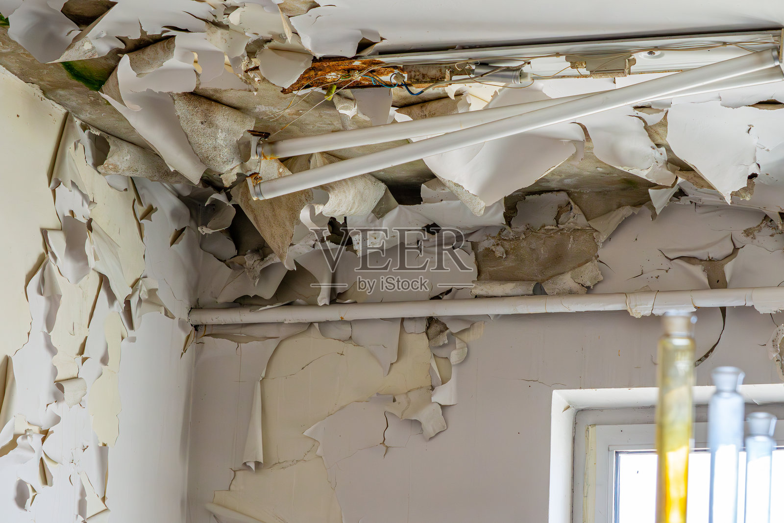 废弃的办公室位于一座旧生产厂内。白色农舍从天花板上坠落。房间内潮湿，灯具掉落。破坏。照片摄影图片