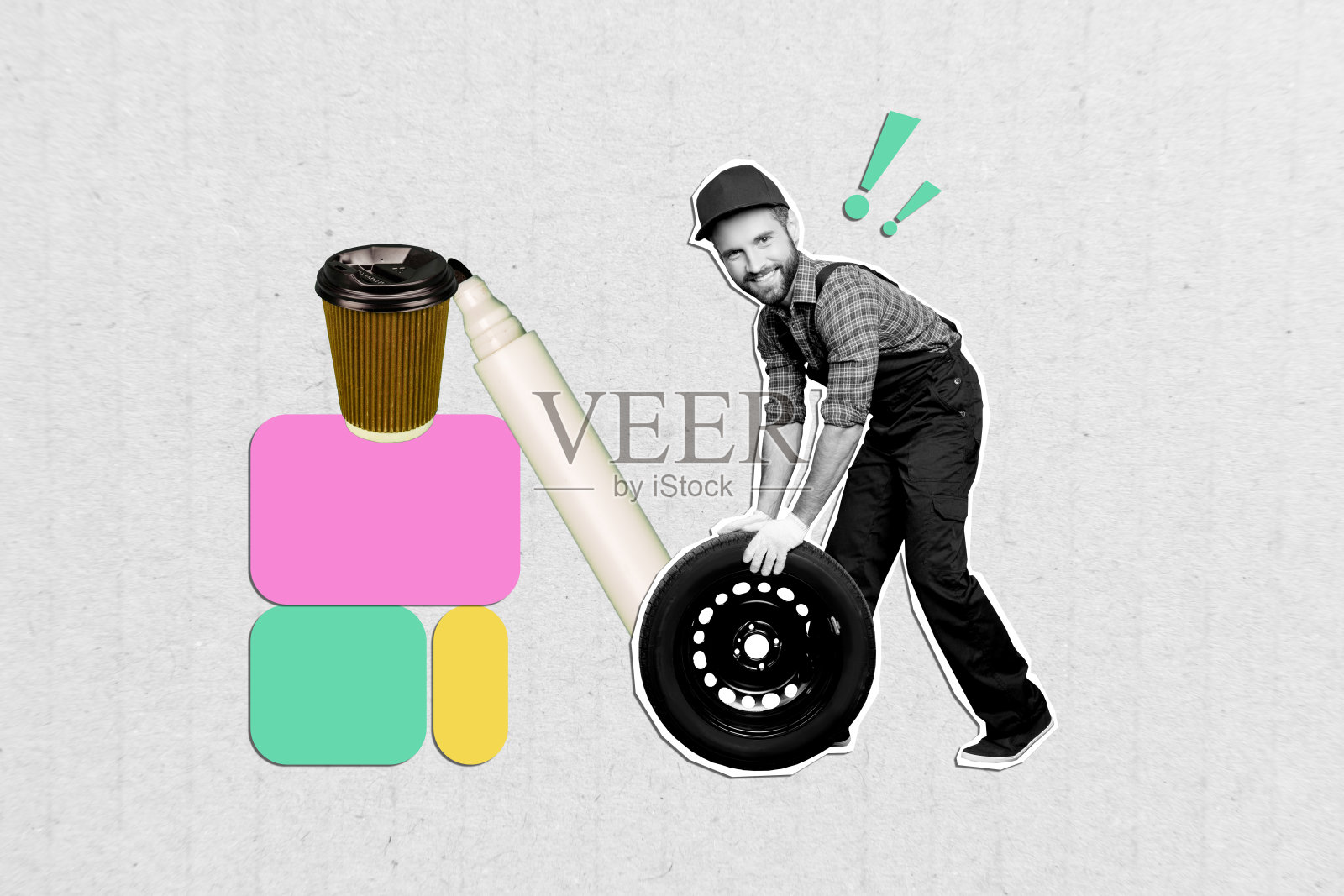 年轻男孩汽车修理工在涂鸦背景下进行轮胎服务、修理和更换的3D合成照片艺术图形拼贴照片摄影图片