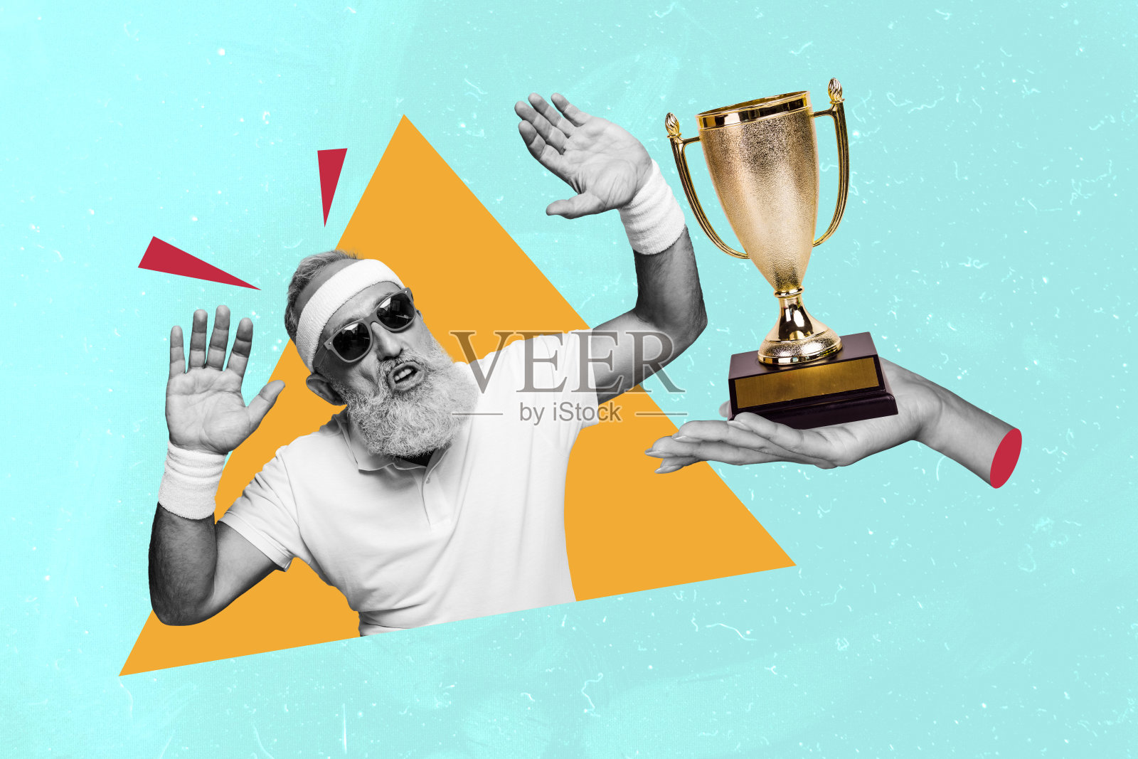 老年退休人员获得金杯奖的照片拼贴，感到震惊、惊讶和印象深刻，体验到获奖的喜悦。照片摄影图片