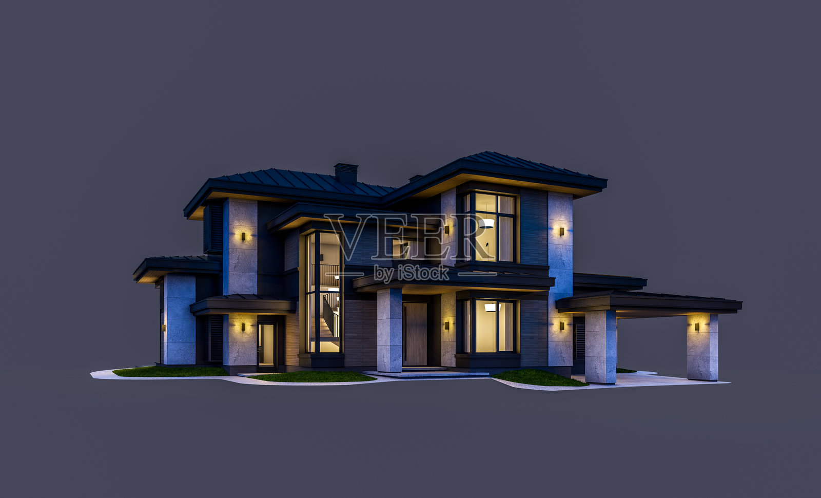 现代两层房屋的3D渲染，灰色和木质装饰，夜间孤立于黑色背景上照片摄影图片