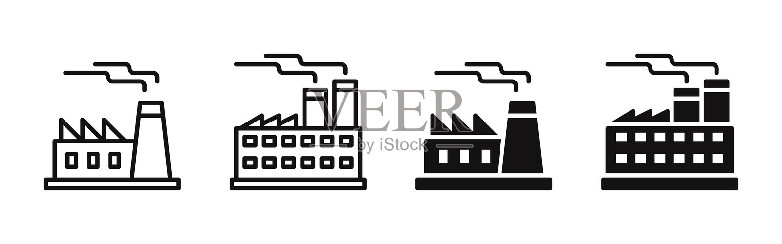 工业厂房图标集。工厂建筑、商业制造站、化工工业建筑。矢量插图。插画图片素材