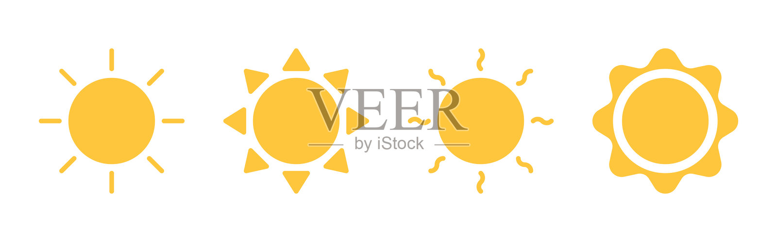 太阳图标集。阳光、太阳光辉、日出、阳光。矢量插图。插画图片素材