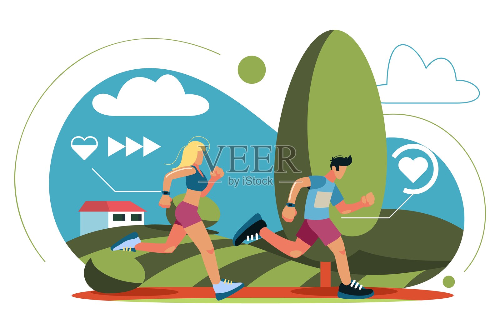 人们在跑步。运动训练。男女在慢跑。马拉松运动。健康生活方式。心率监测。公园里的短跑训练。健身跑道。快速跑。矢量概念插画图片素材