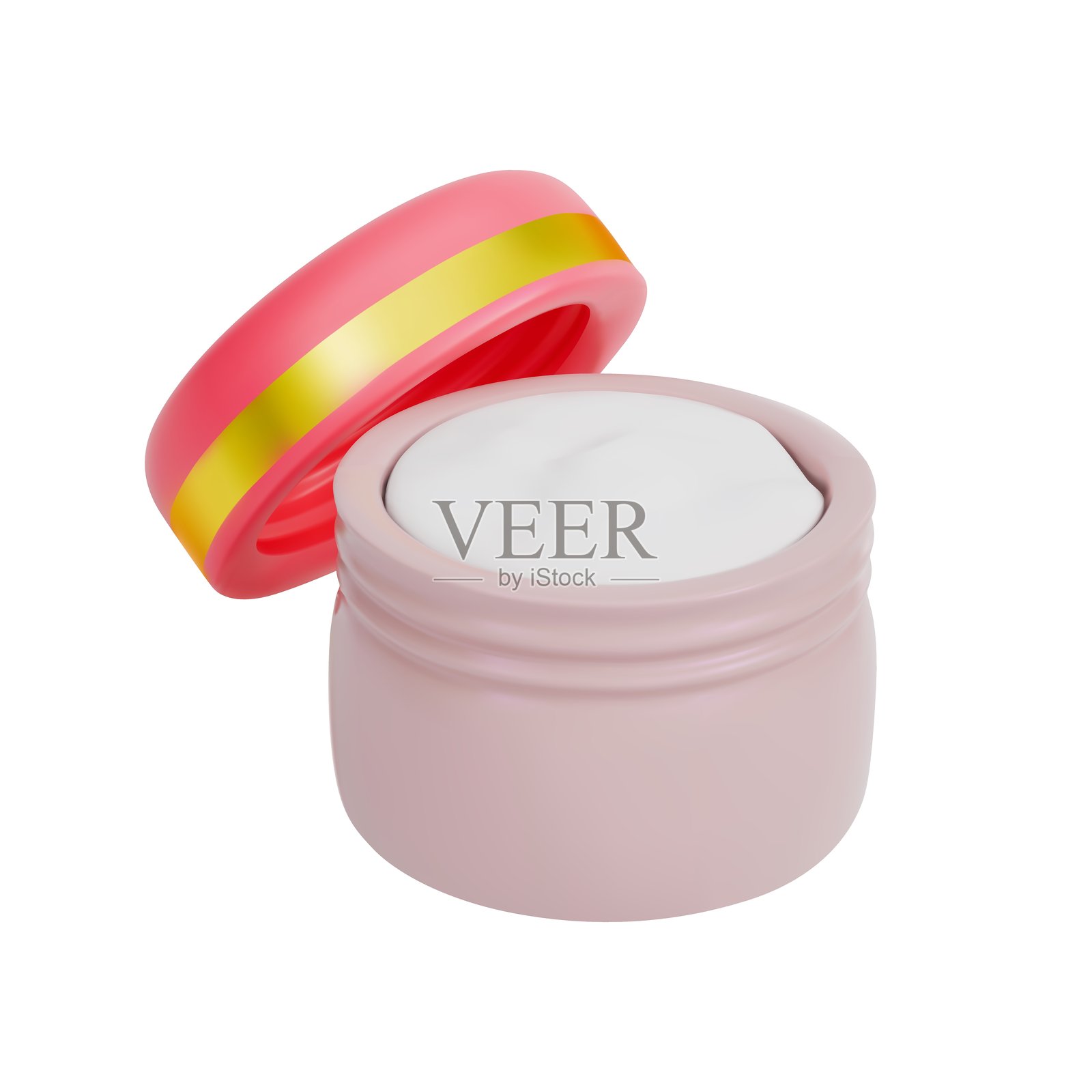 一个3D渲染的化妆霜，装在一个带有部分打开的粉色盖子的罐子里。该产品旨在用于面部护肤。白色背景上的矢量插图。插画图片素材