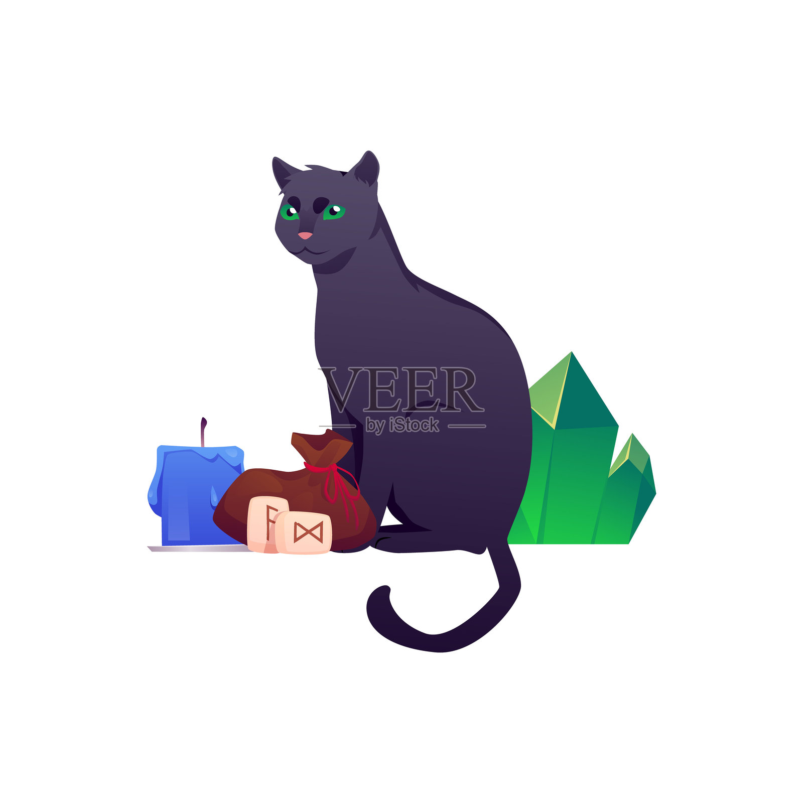 黑猫、水晶、符文和蜡烛的扁平风格矢量插图。插画图片素材