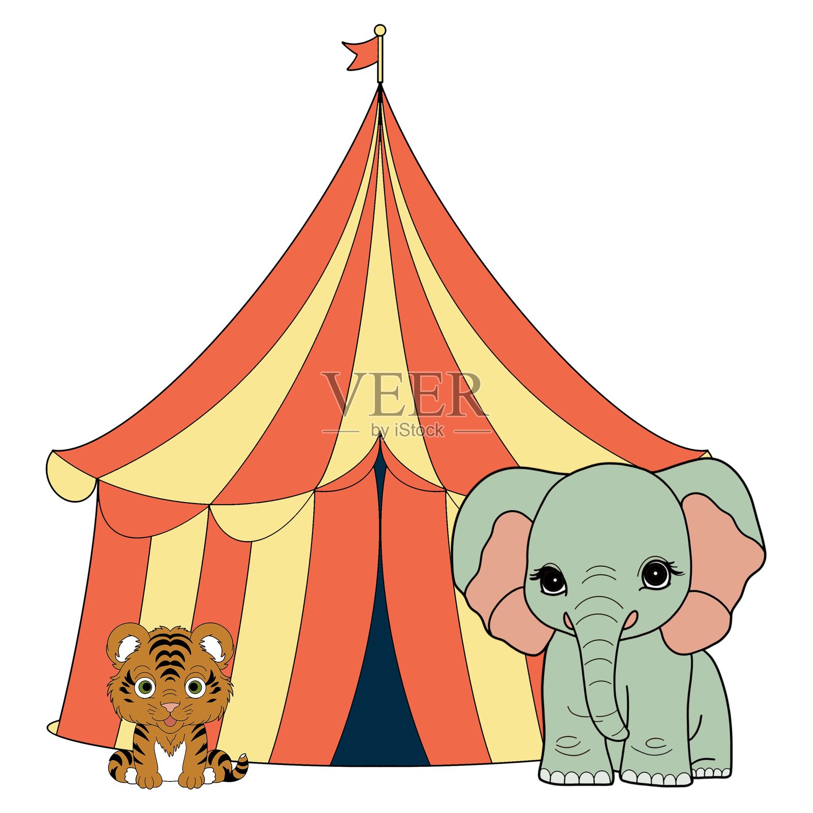 老虎和可爱的大象在马戏团帐篷背景下的特写手绘数字插图，白色背景。插画图片素材