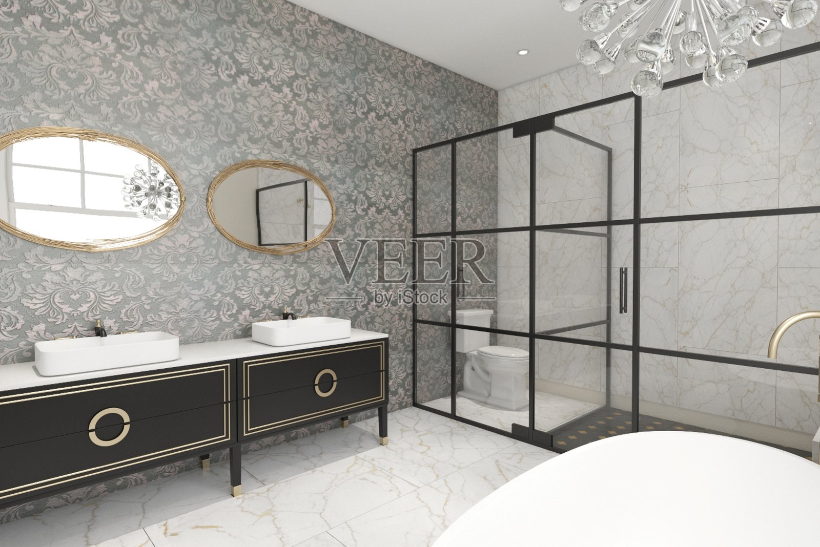 现代优雅的浴室内部，配有双洗手台和玻璃隔断淋浴间照片摄影图片