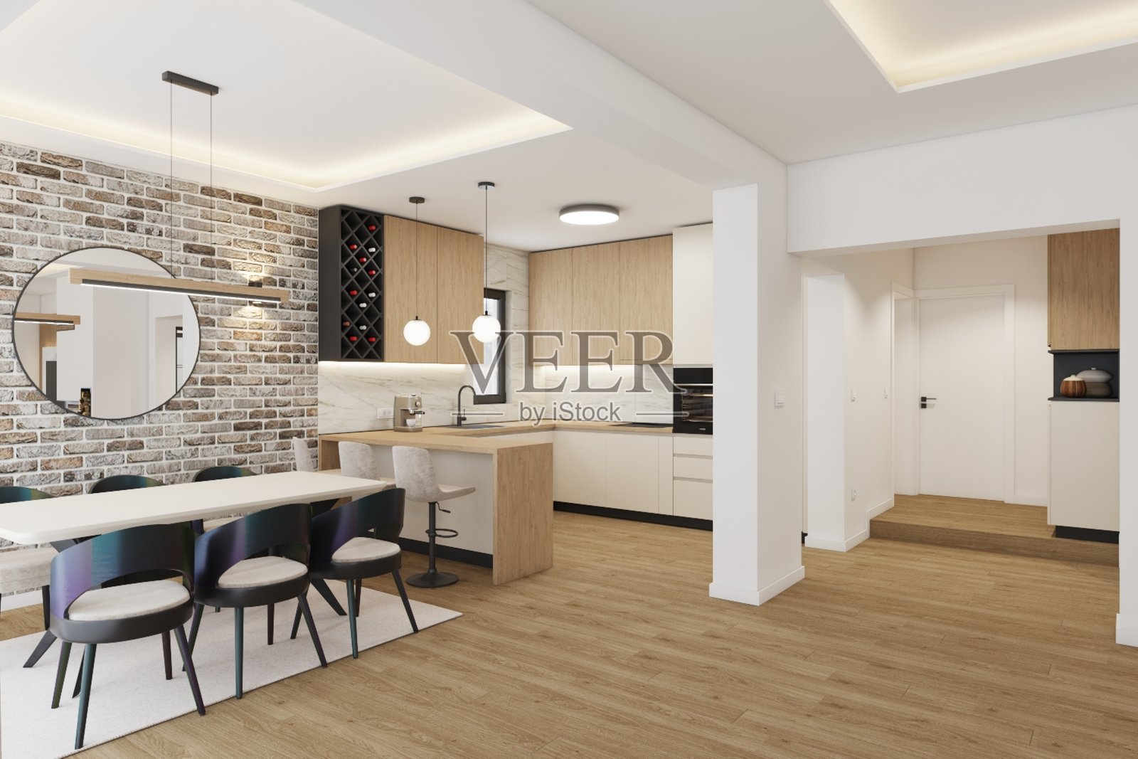 现代厨房和餐厅，配有砖墙和木质装饰照片摄影图片