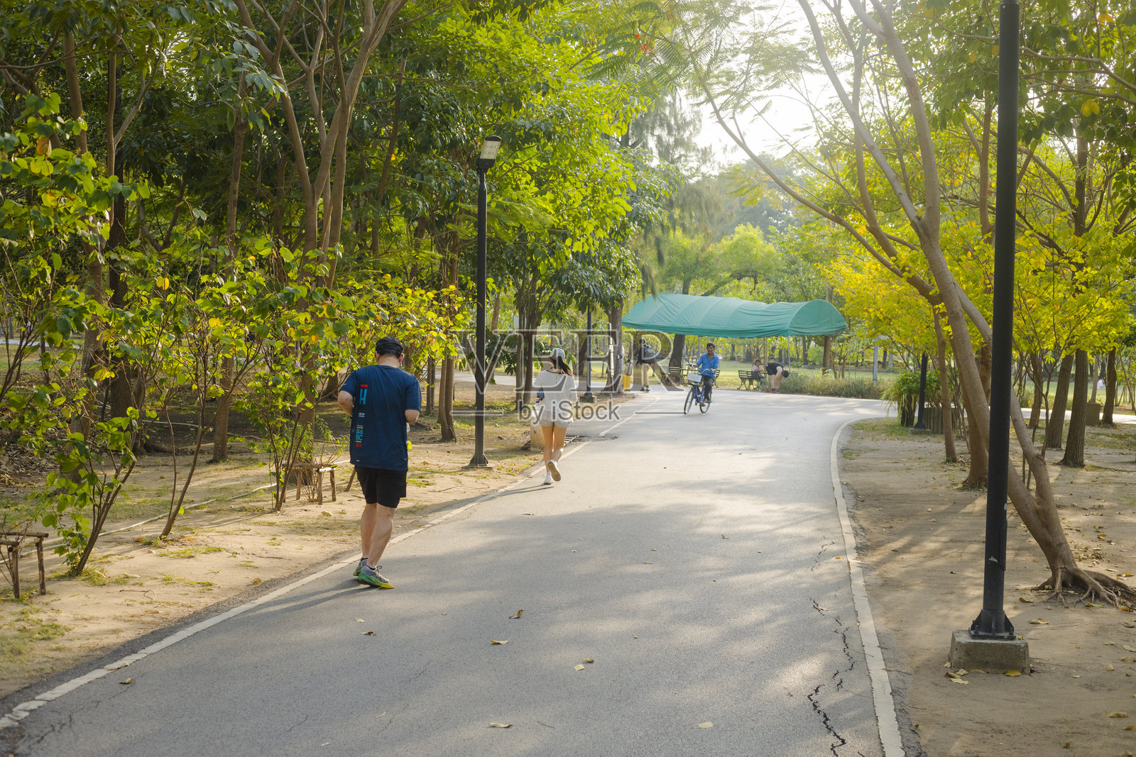 在瓦奇拉本查塔公园（火车公园）慢跑的泰国成年人照片摄影图片