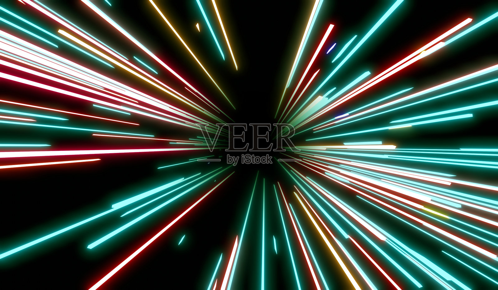 激光和霓虹灯从中心爆炸，光速移动。3D插图。照片摄影图片