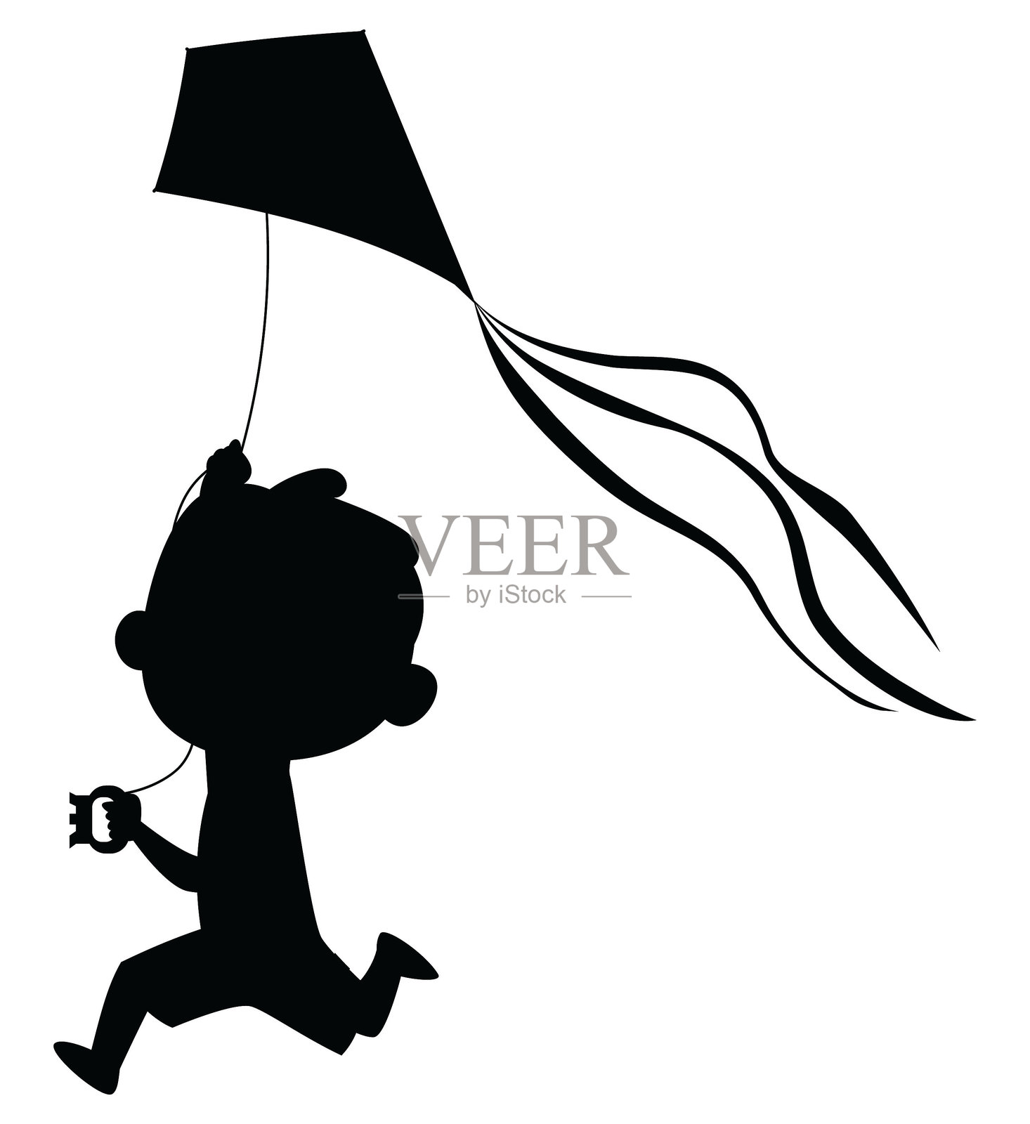 黑色剪影男孩奔跑放风筝，扁平风格，矢量插图，背景为白色。插画图片素材
