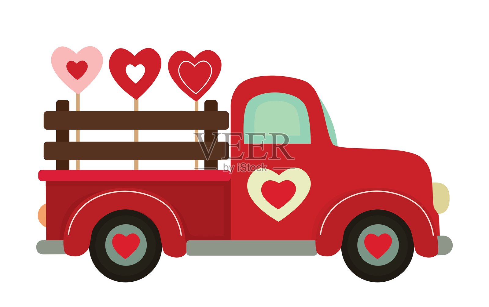 情人节棒棒糖送爱与快乐的爱心卡车插画图片素材